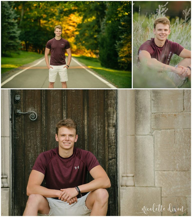 North Hills senior boy poses in field and in doorway of Hartwood Acres Mansion near Pittsburgh