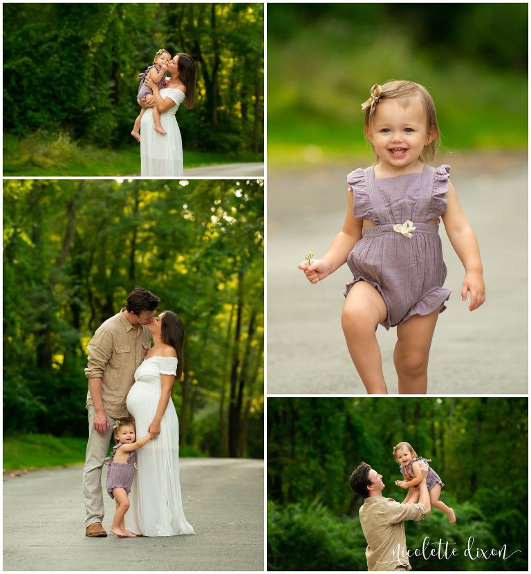 Husband and wife hug and play with daughter in Sewickly Heights Borough Park near Pittsburgh