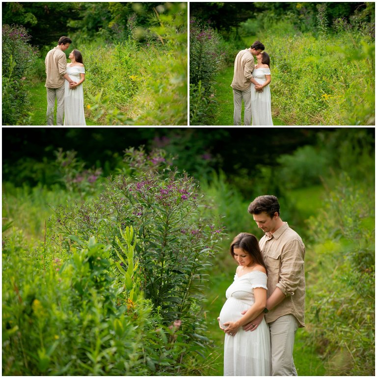 Husband and pregnant wife kiss in Sewickley Heights Borough Park near Pittsburgh