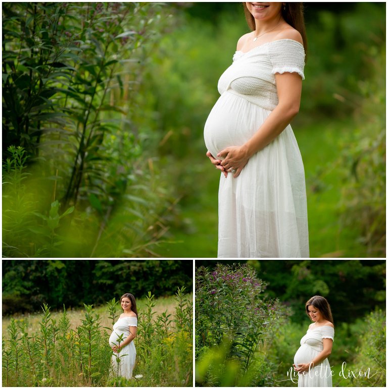 Pregnant woman holds stomach and poses in Sewickly Heights Borough Park near Pittsburgh