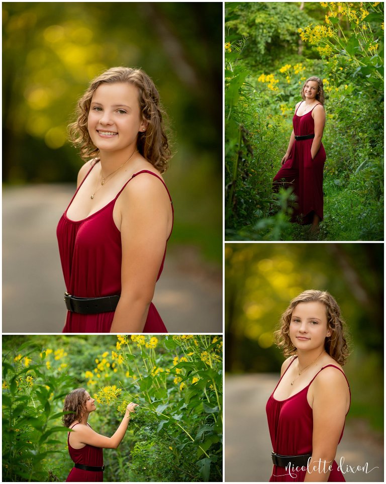 Moon Township senior girl poses in red romper at Sewickley Heights Borough Park near Pittsburgh