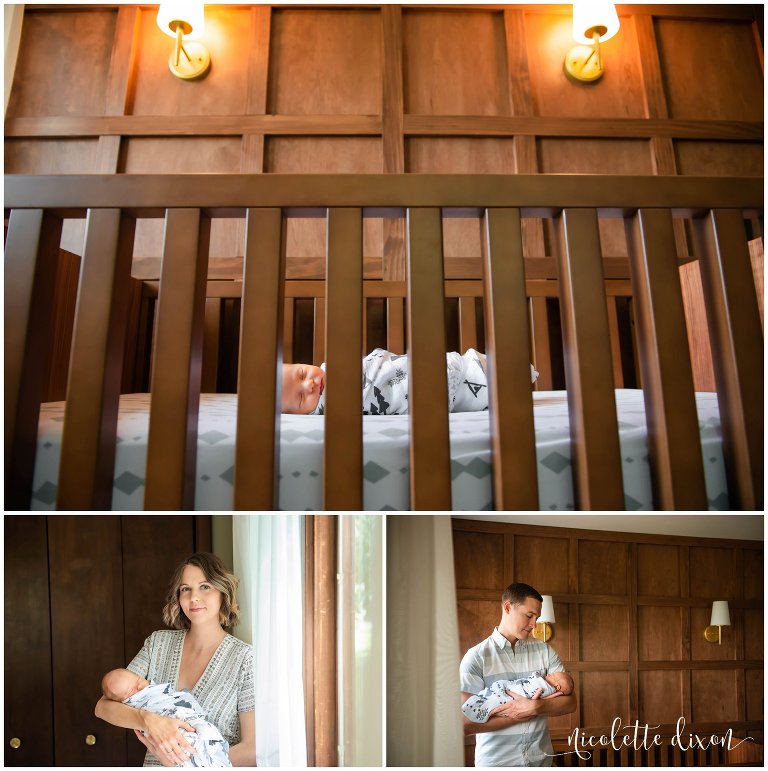 Mother and father admire newborn son in their home near Pittsburgh