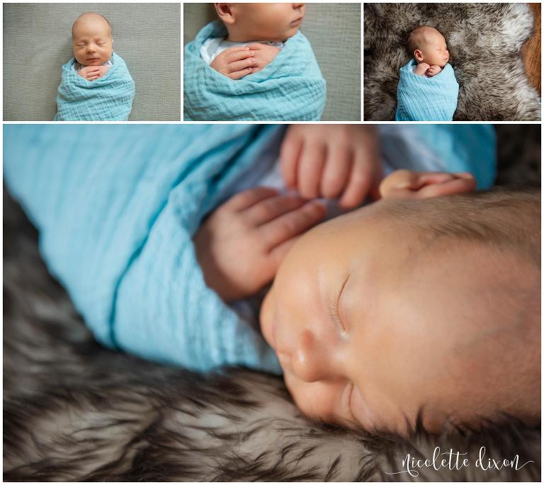 Newborn baby boy sleeps peacefully on animal skin rug in his home near Pittsburgh