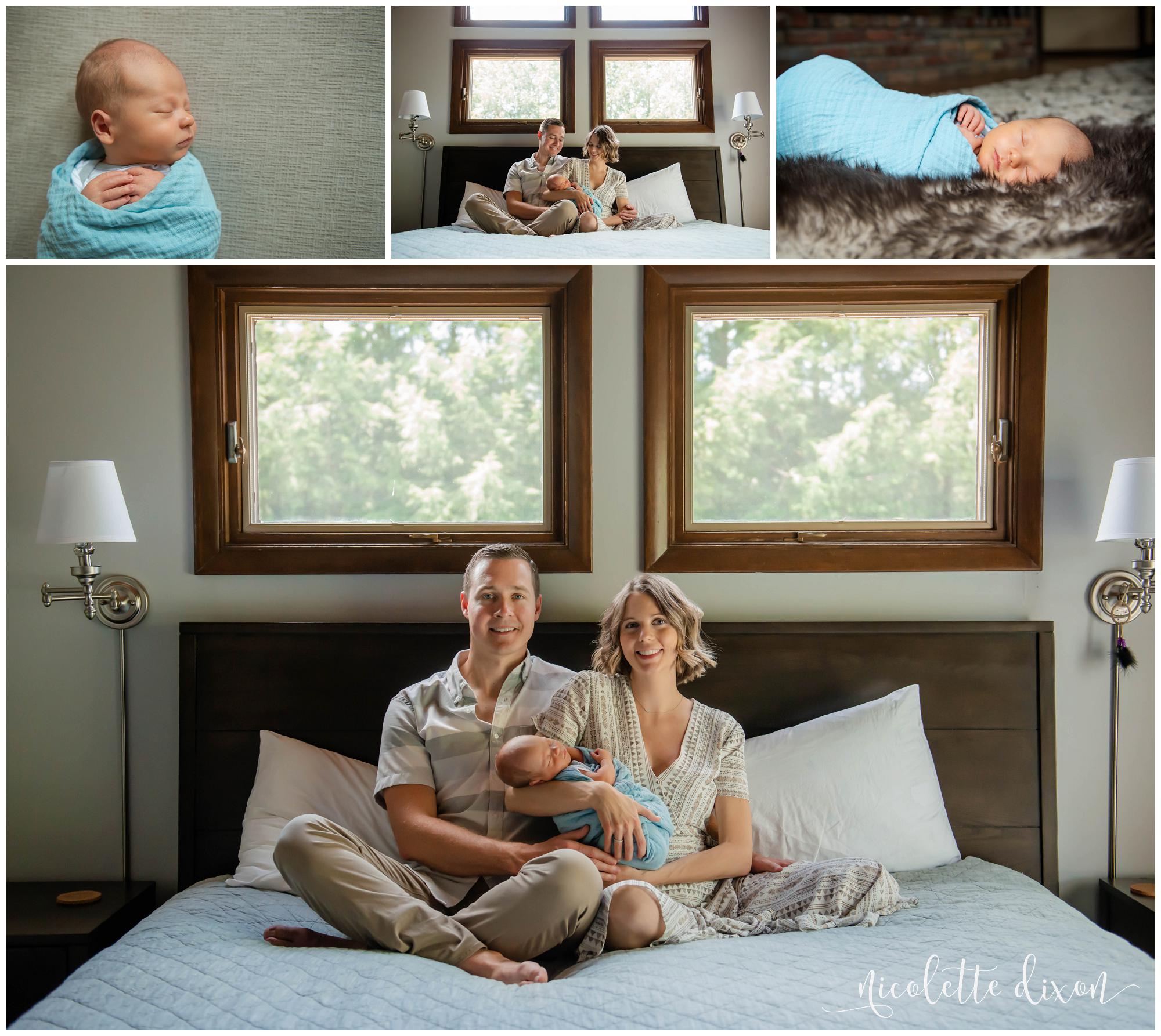 Mother and father sit on bed holding infant son in their home near Pittsburgh