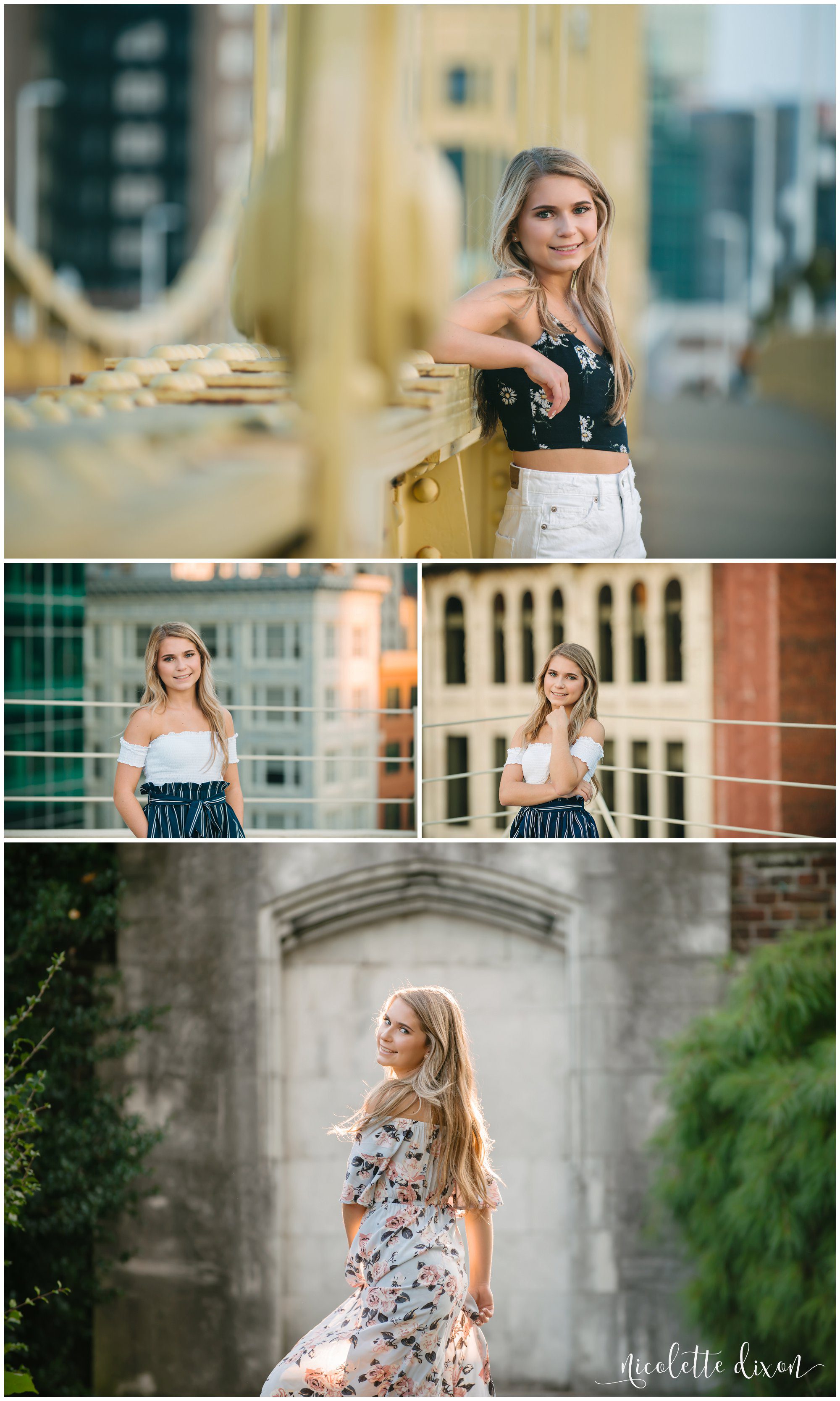 High school senior leans on bridge and twirls in front of walled garden in Mellon Park near Pittsburgh