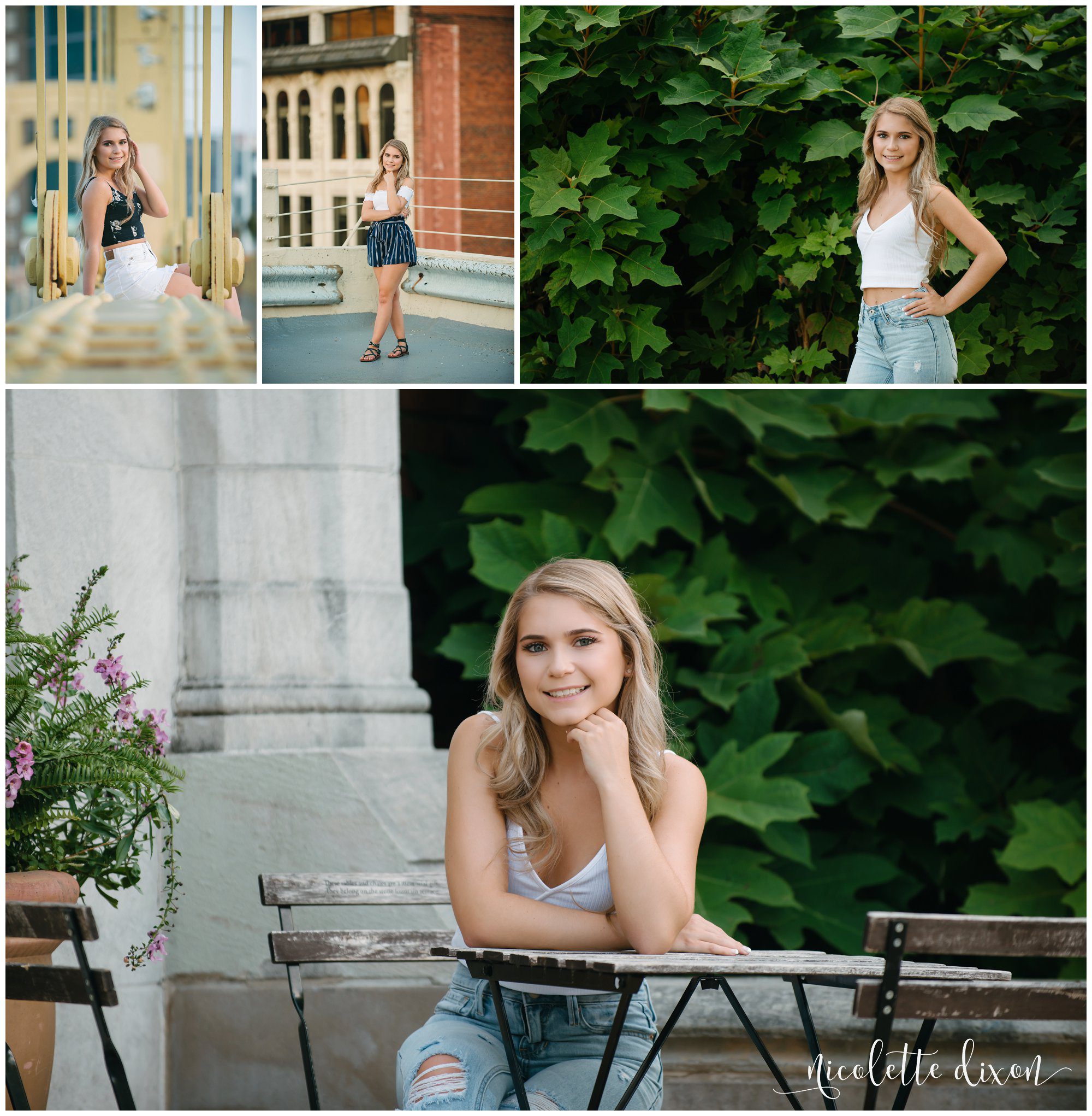 High school senior girl sits at table in Mellon Park near Pittsburgh