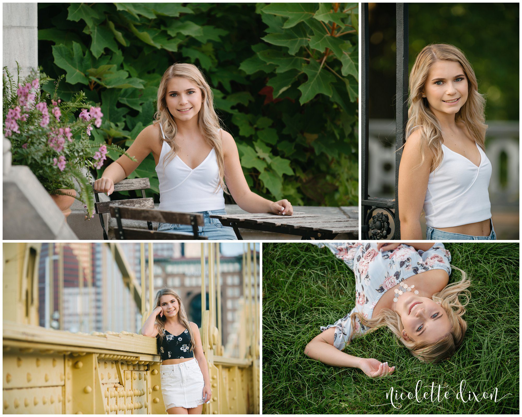 Senior girl poses on bridges and in front of walled garden at Mellon Park near Pittsburgh