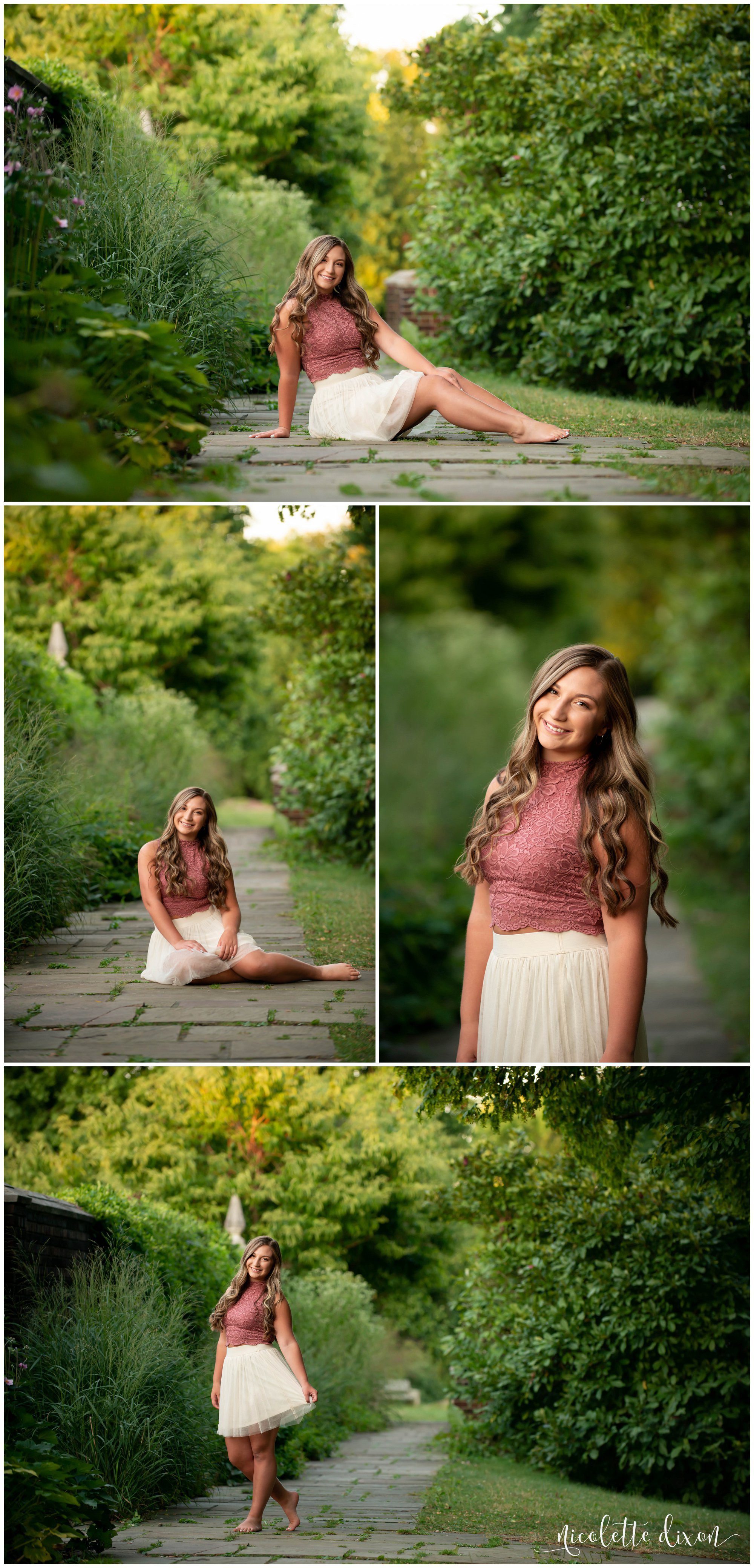 High school senior girl poses on bricked pathway in Mellon Park near Pittsburgh
