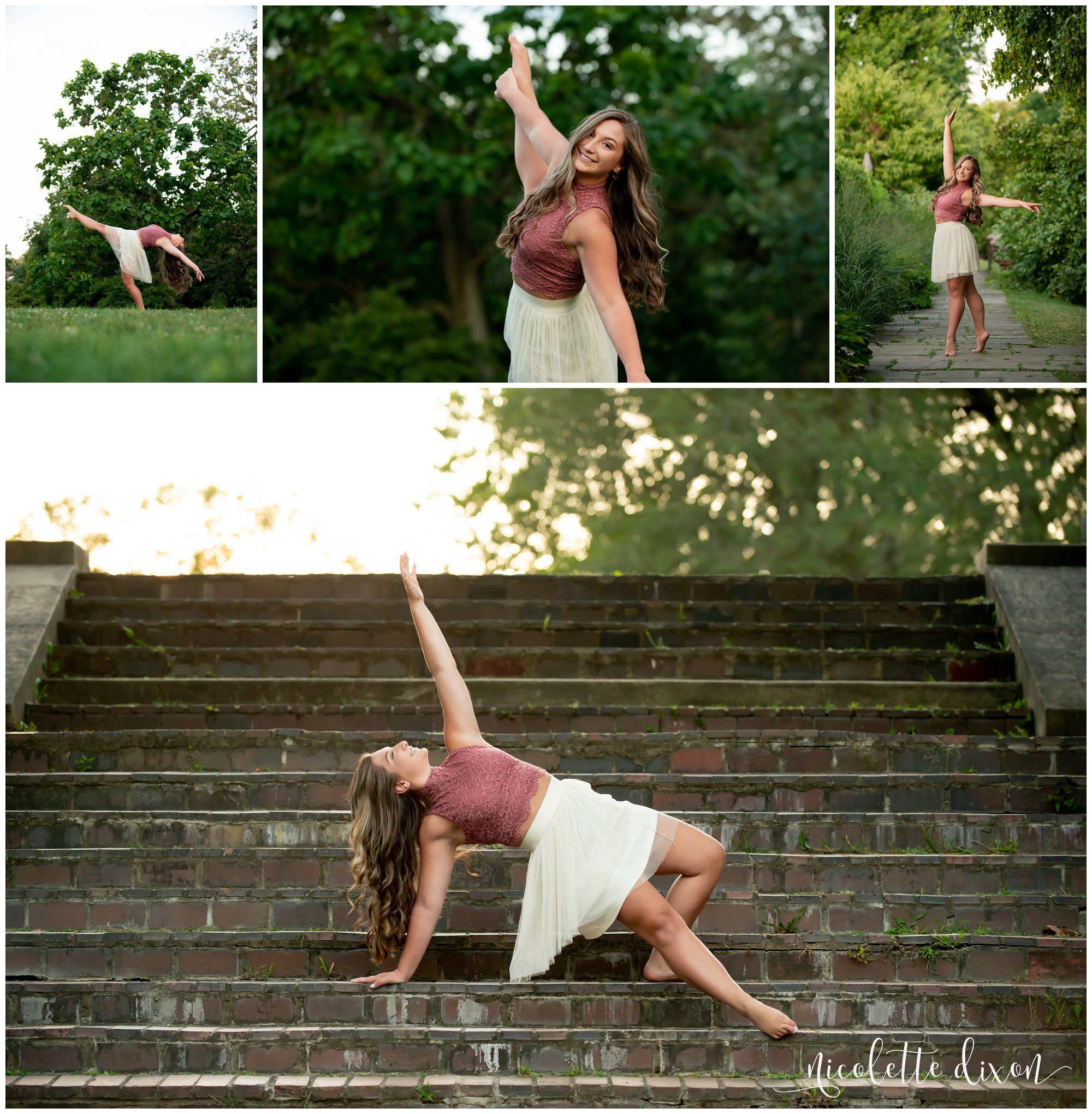 Young woman dances on steps in Mellon Park near Pittsburgh