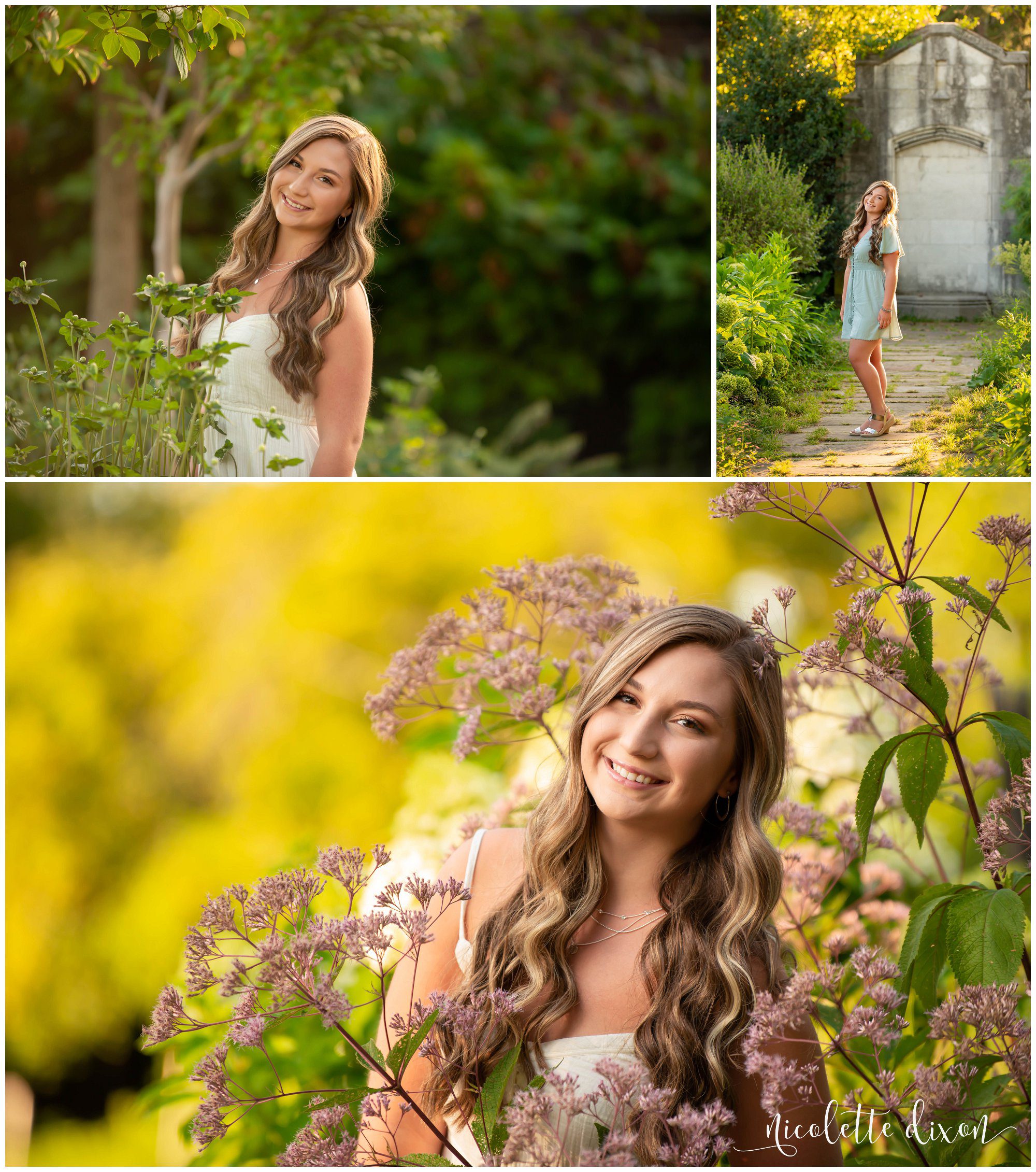 High school senior girl poses among flowers in Mellon Park near Pittsburgh