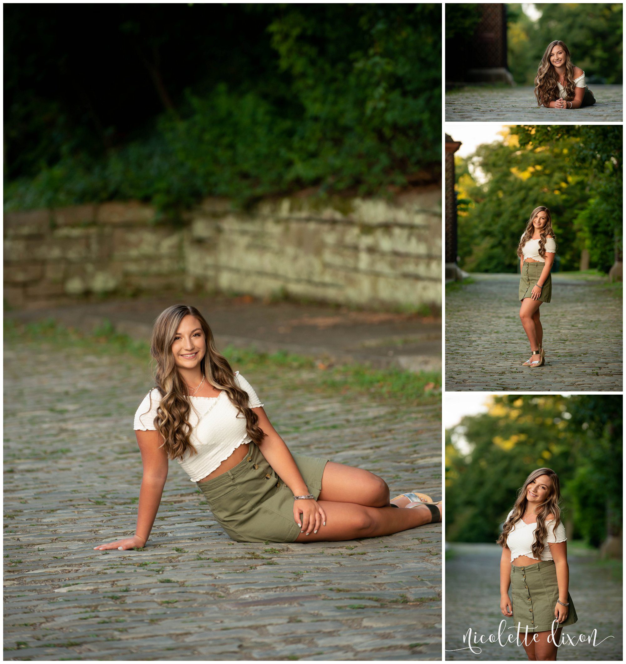 High school senior girl poses on bricked pathway in Mellon Park near Pittsburgh
