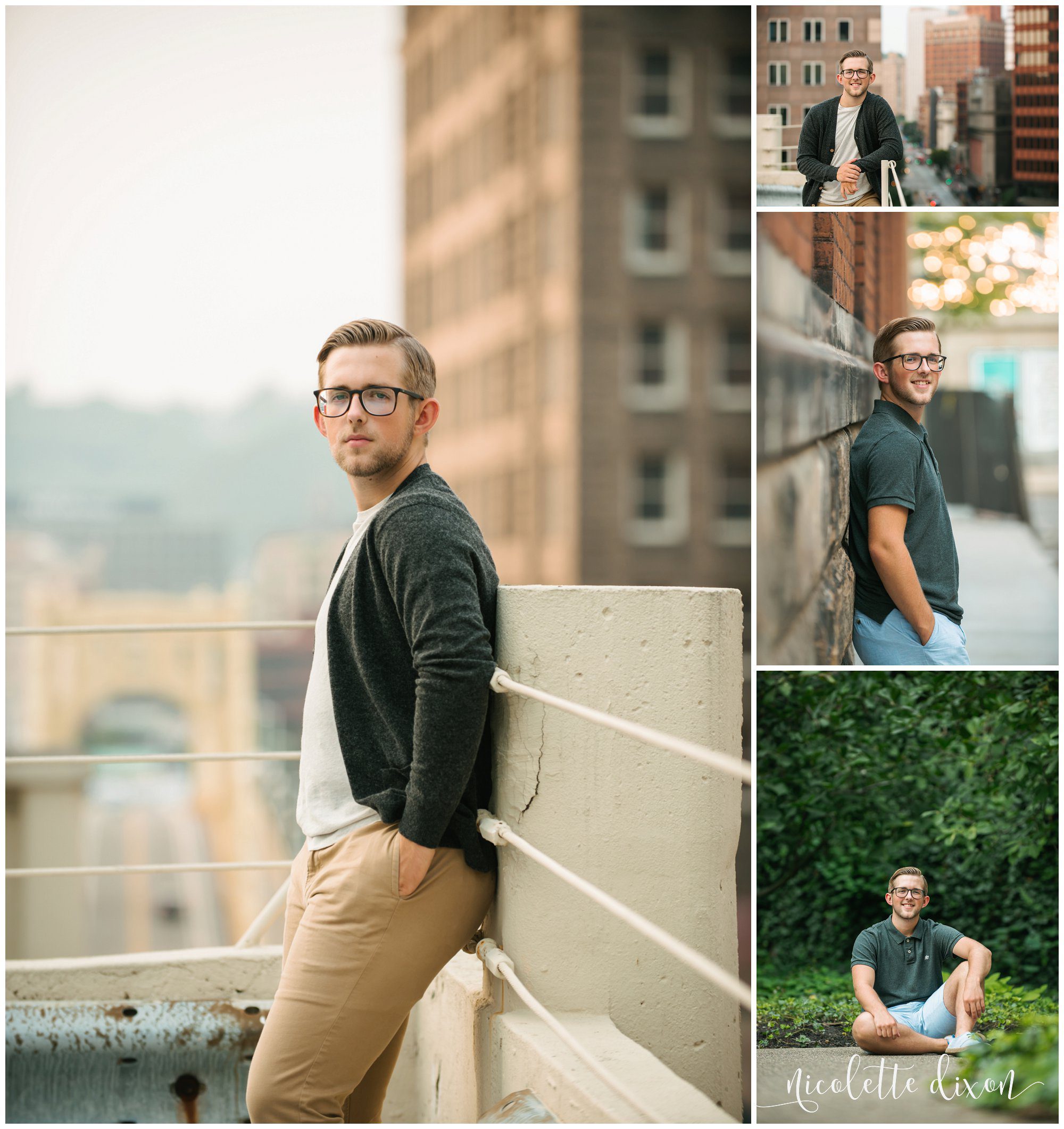 High school senior boy leans against rail on top of roof in downtown Pittsburgh