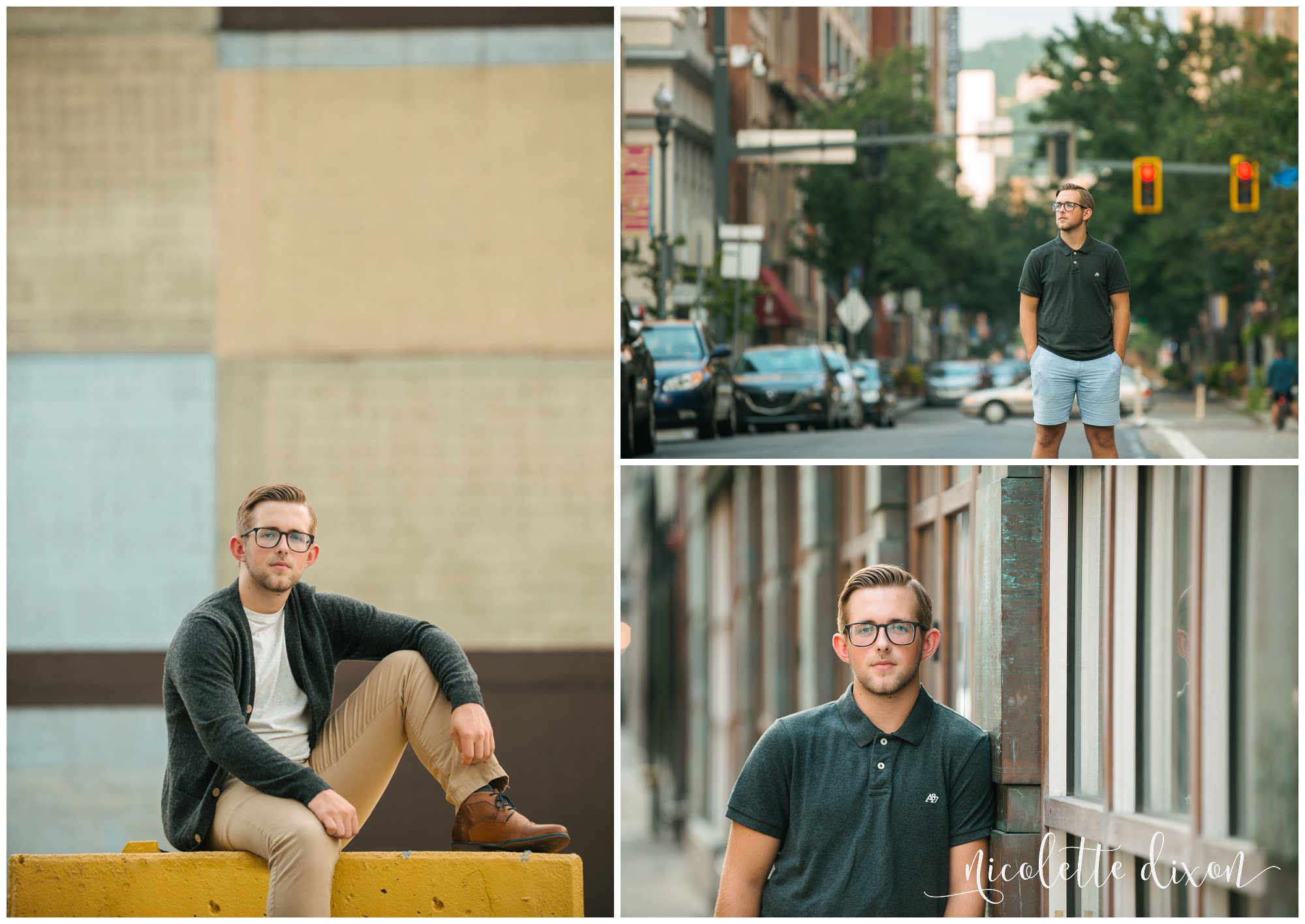 High school senior boy poses against interesting buildings in downtown Pittsburgh