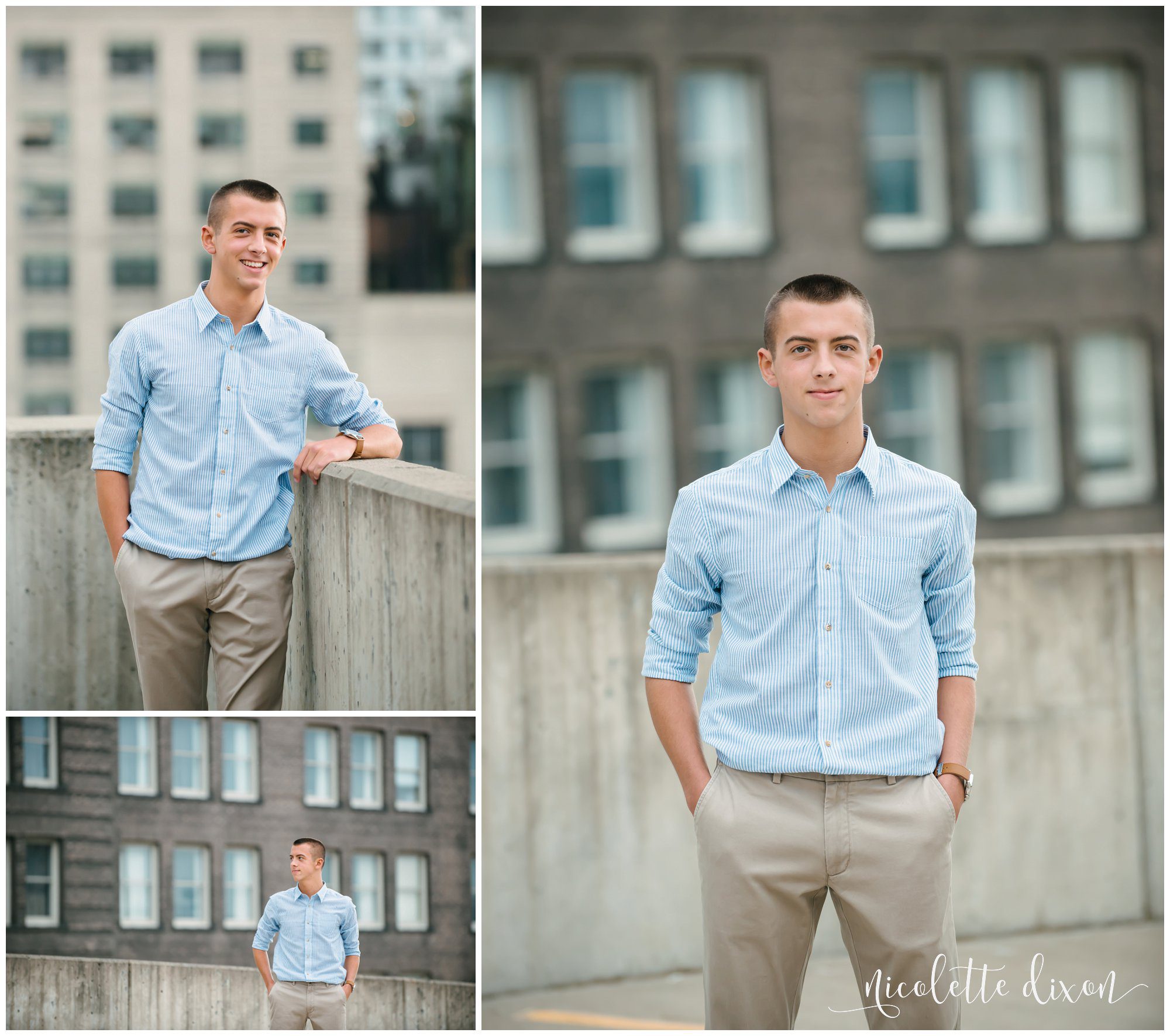 High school senior boys stands on roof in downtown Pittsburgh