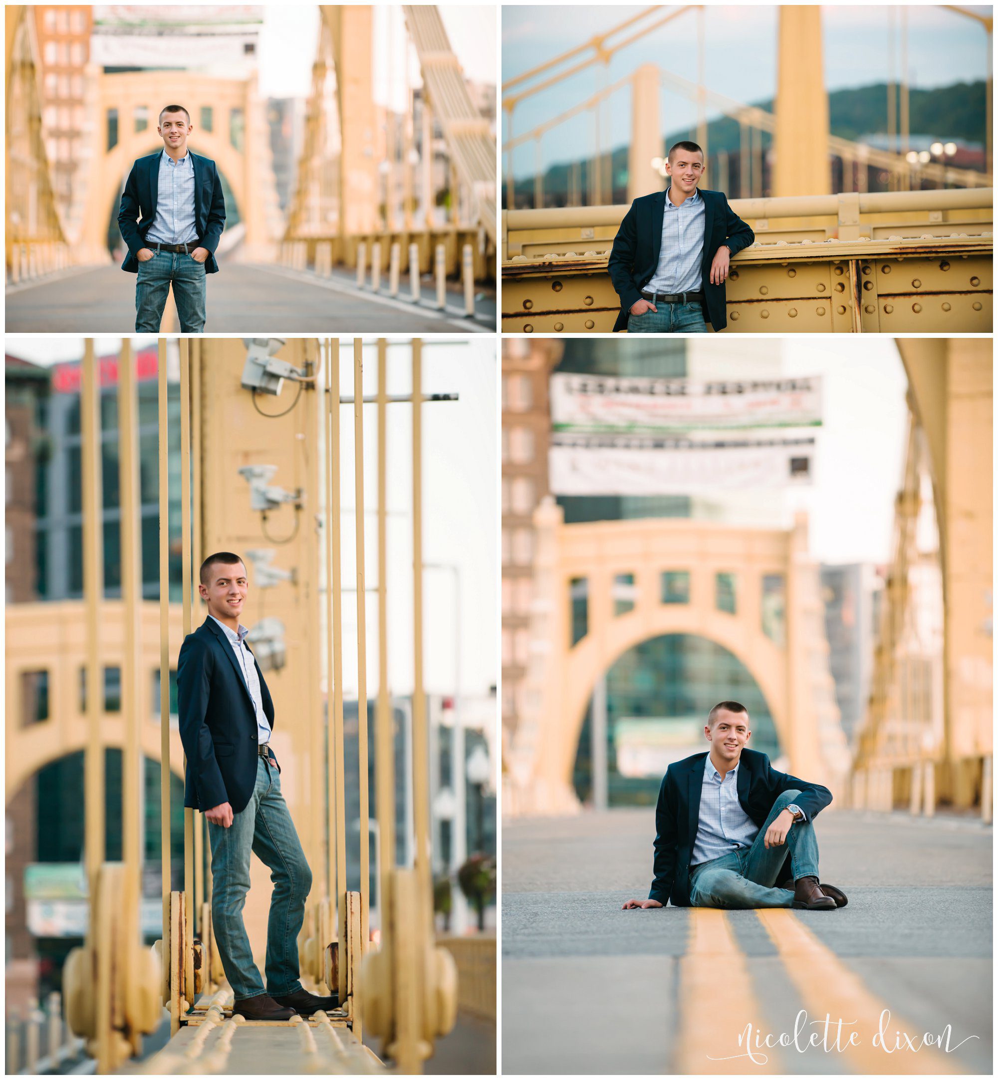 High school senior boy sits in the middle of a bridge in downtown Pittsburgh