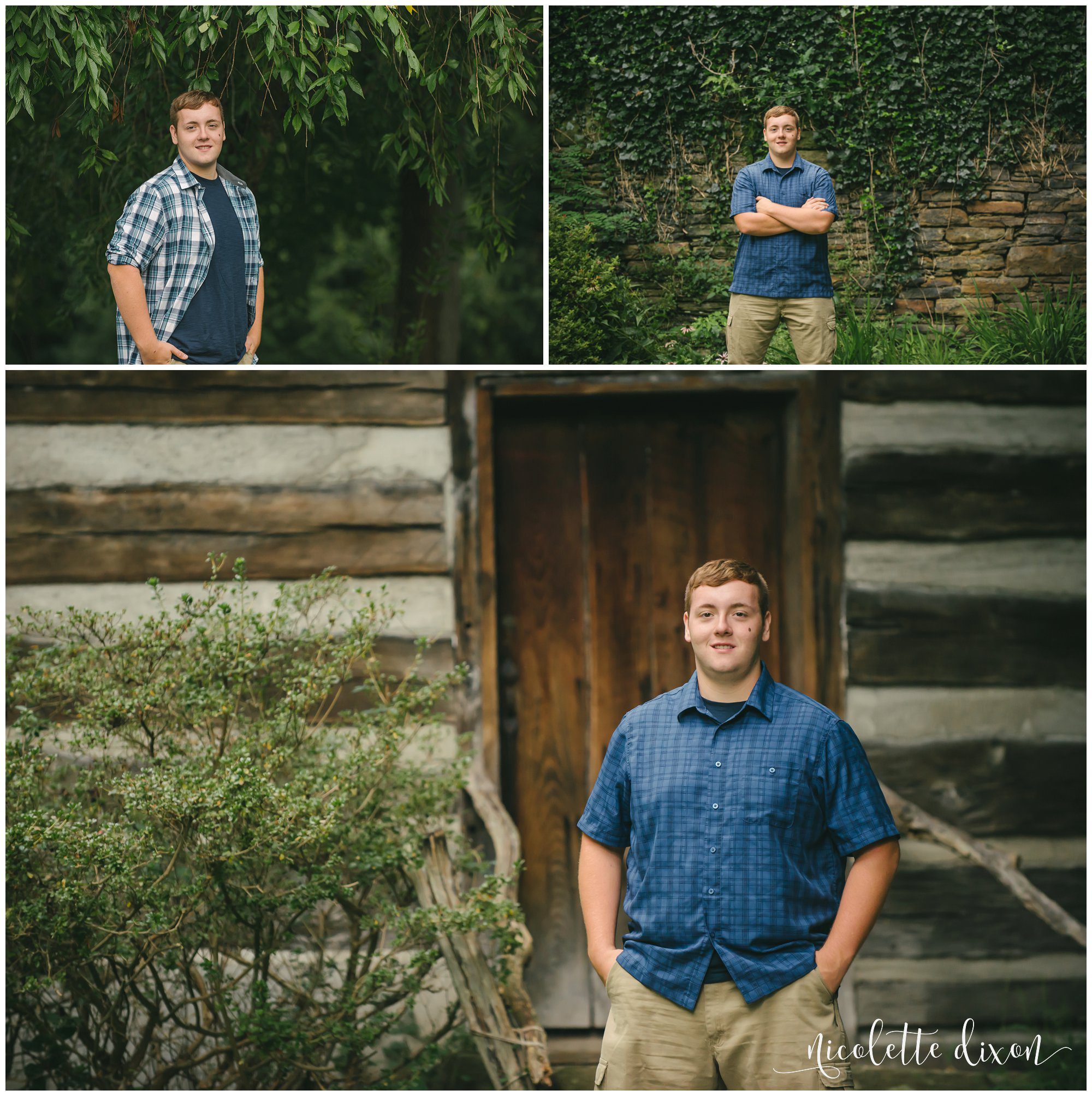 High school senior boy stands in front of rustic cabin in Robin Hill Park near Pittsburgh