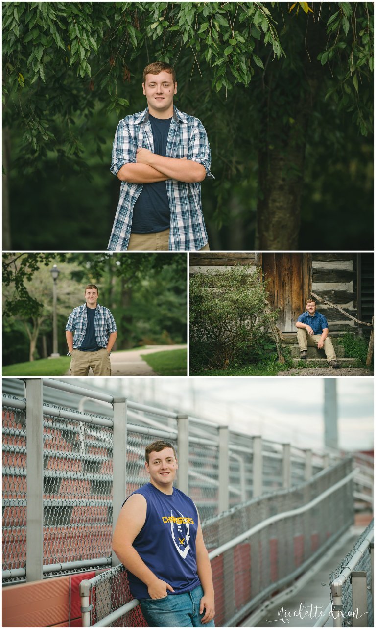 High school senior boy stands in Moon Township football stadium near Pittsburgh