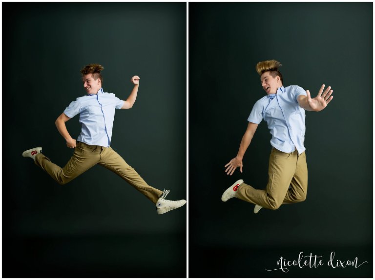 High school senior boy jumping midair in Moon Township studio near Pittsburgh
