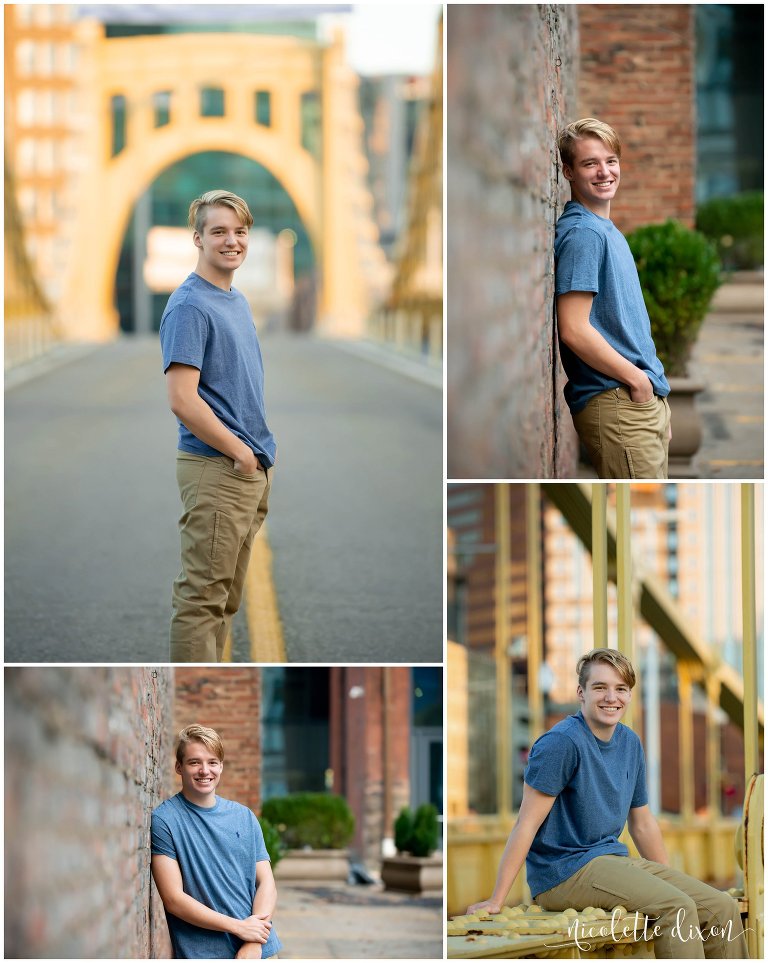 High school senior boy poses on bridges and alleys in downtown Pittsburgh