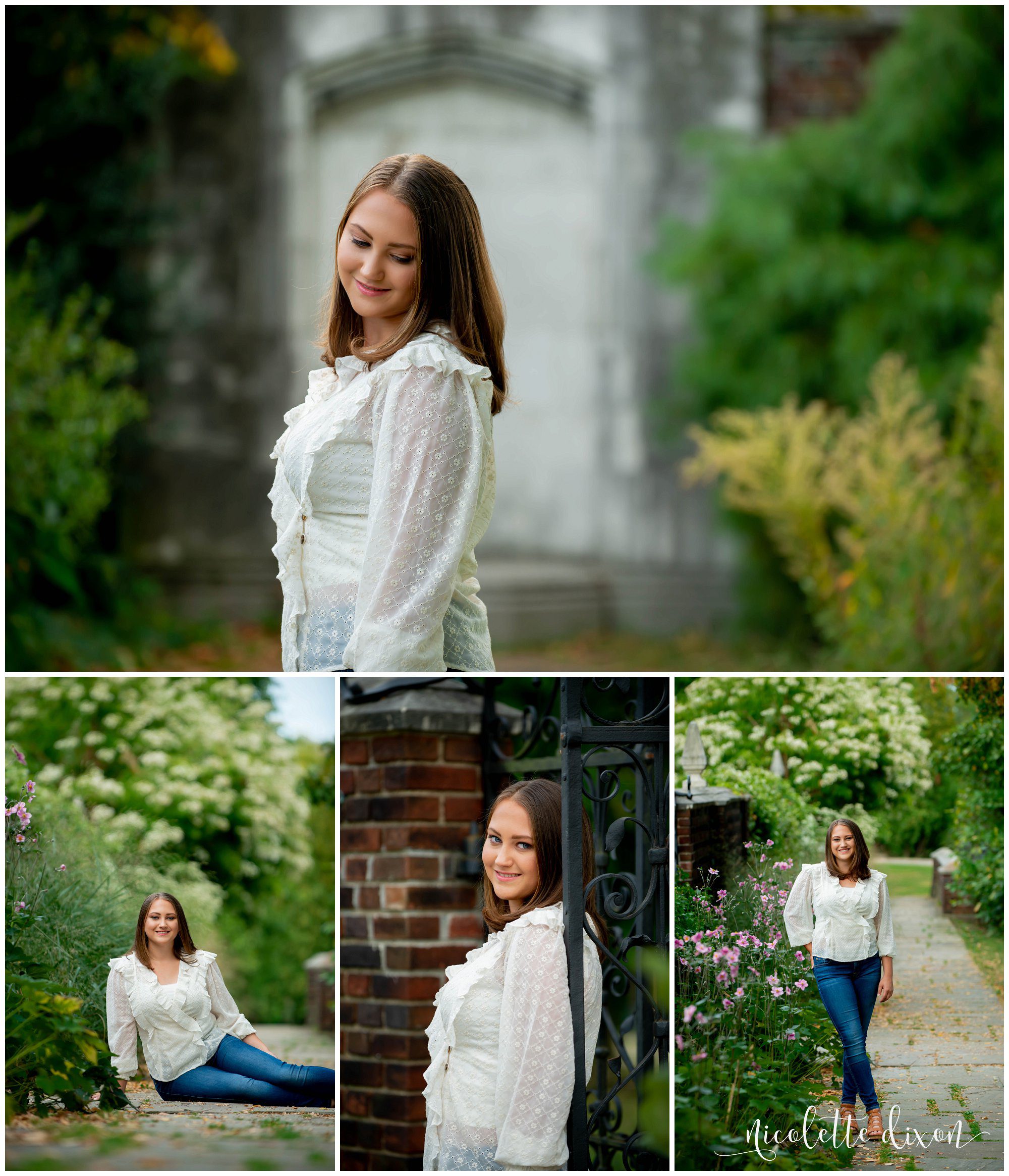 High school senior girl stands in front of stone wall in Greensboro North Carolina