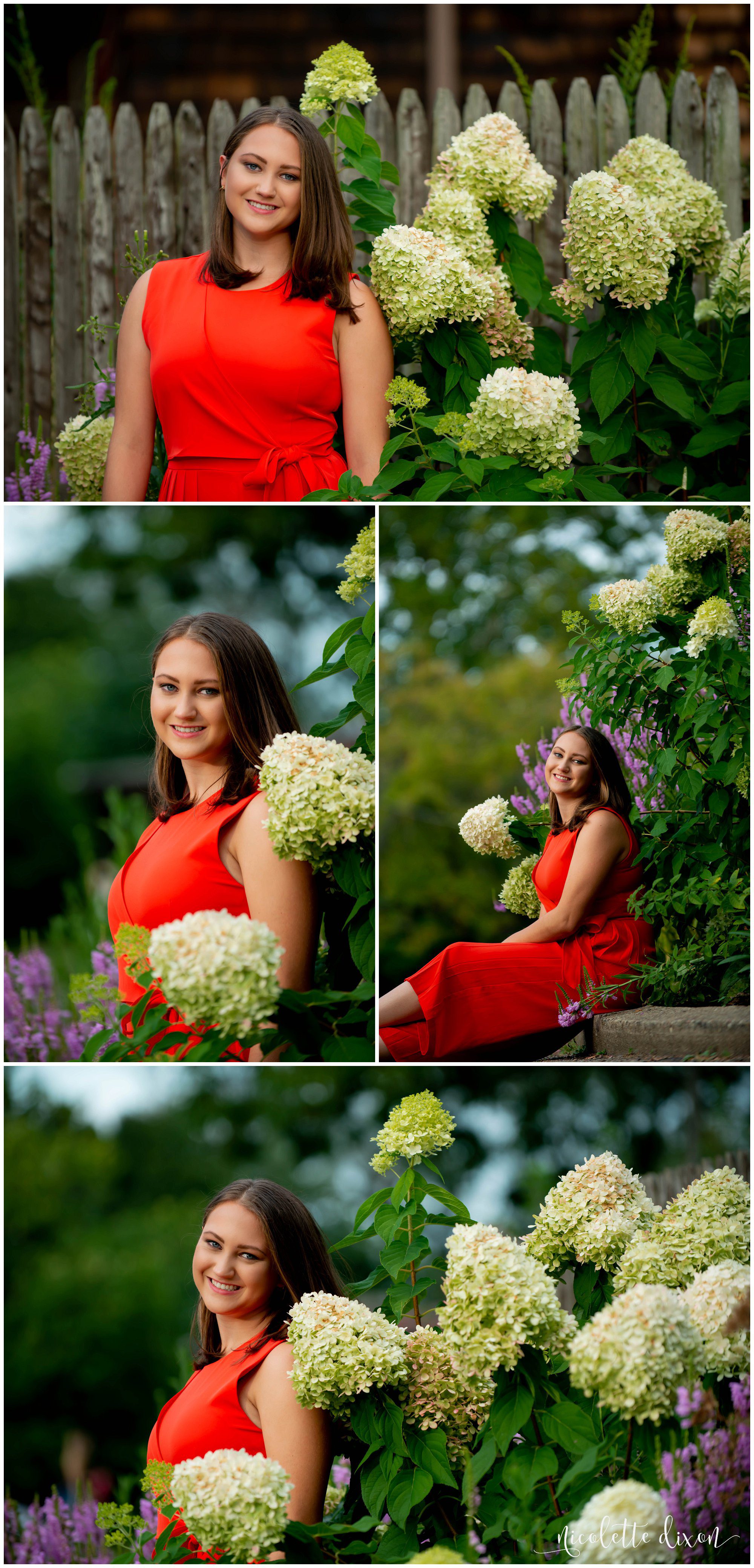 High school senior poses among flowers in Greensboro North Carolina
