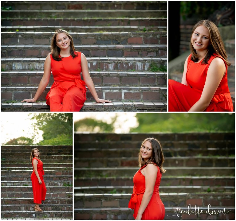High school senior girl relaxes on steps in Greensboro North Carolina