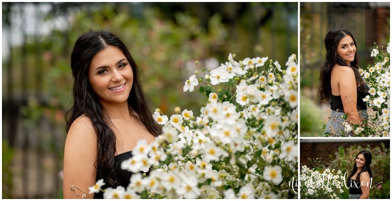 High School Senior Girl Standing next to White Flowers in Greensboro NC