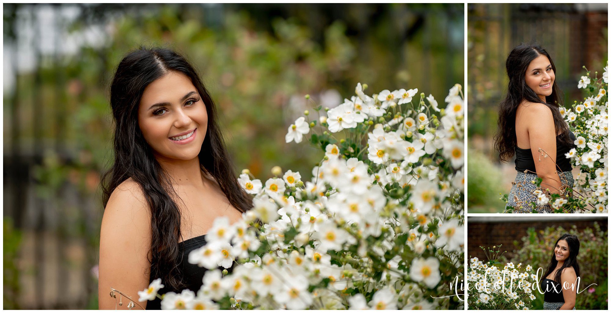 High School Senior Girl Standing next to White Flowers in Greensboro NC