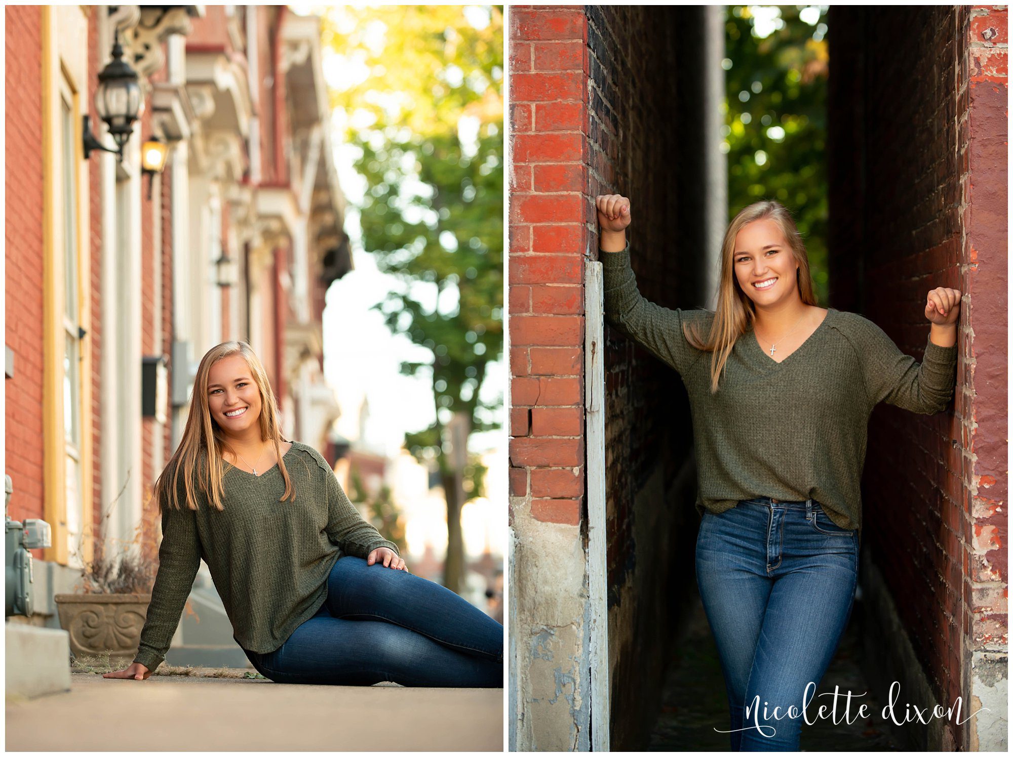 High School Senior Girl Standing Next to Brick Building in Kernersville near Greensboro NC