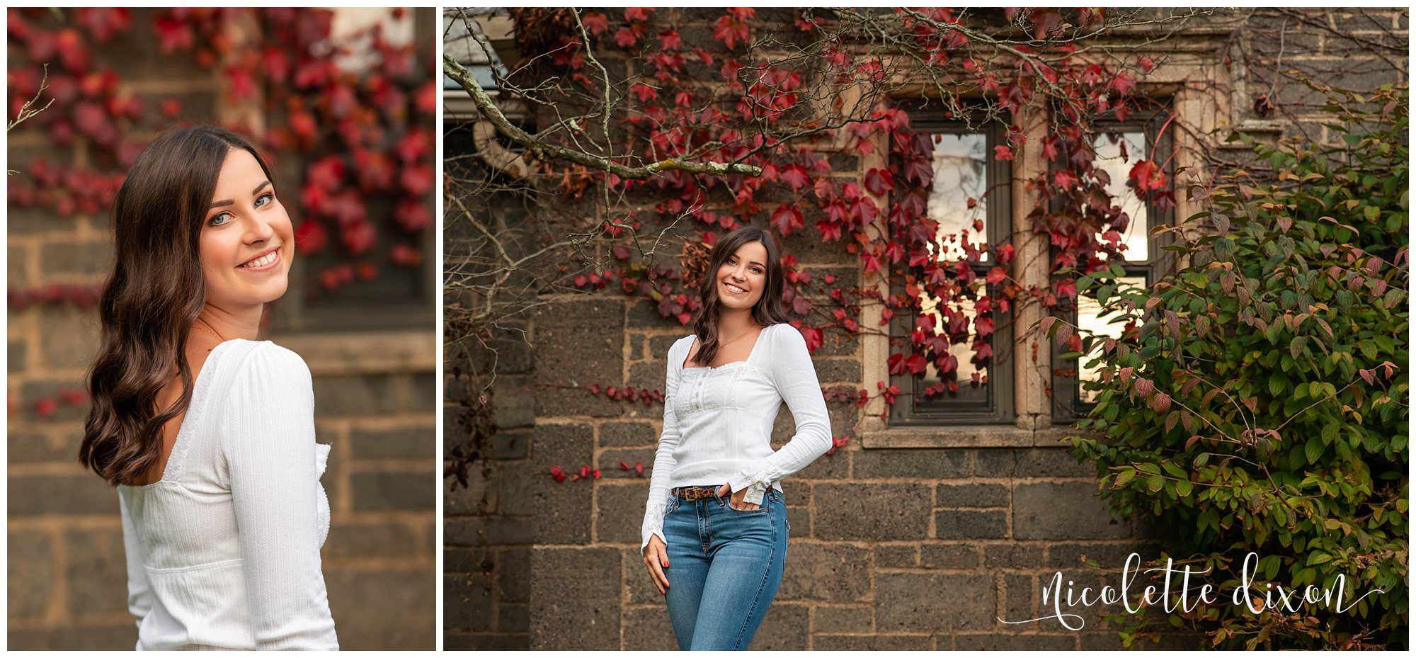 High School Senior Girl Standing in Front of Tree with Red Leaves in Hartwood Acres Mansion near Pittsburgh
