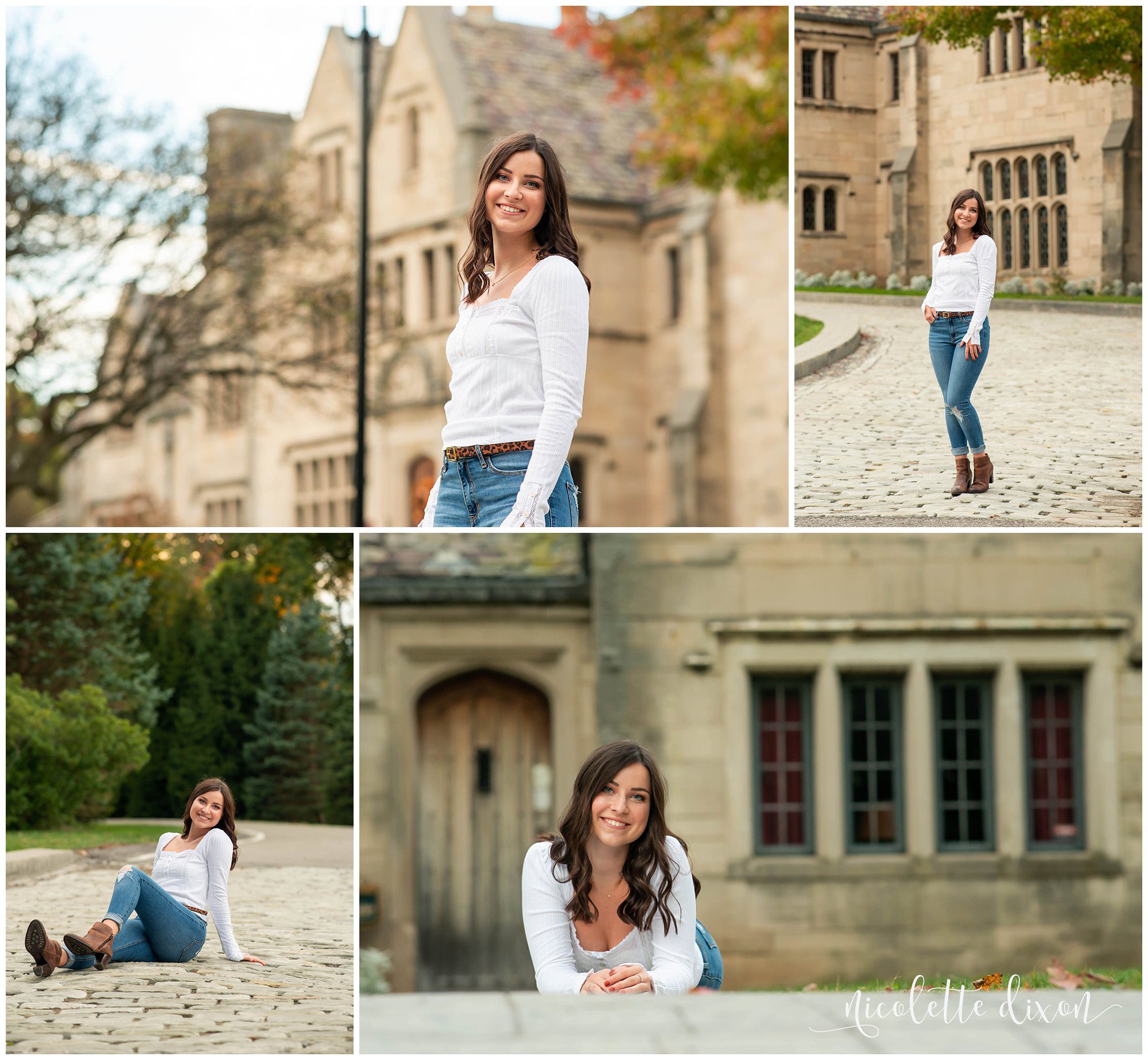 High School Senior Girl Standing in Front of Stone Building in Hartwood Acres Mansion near Pittsburgh
