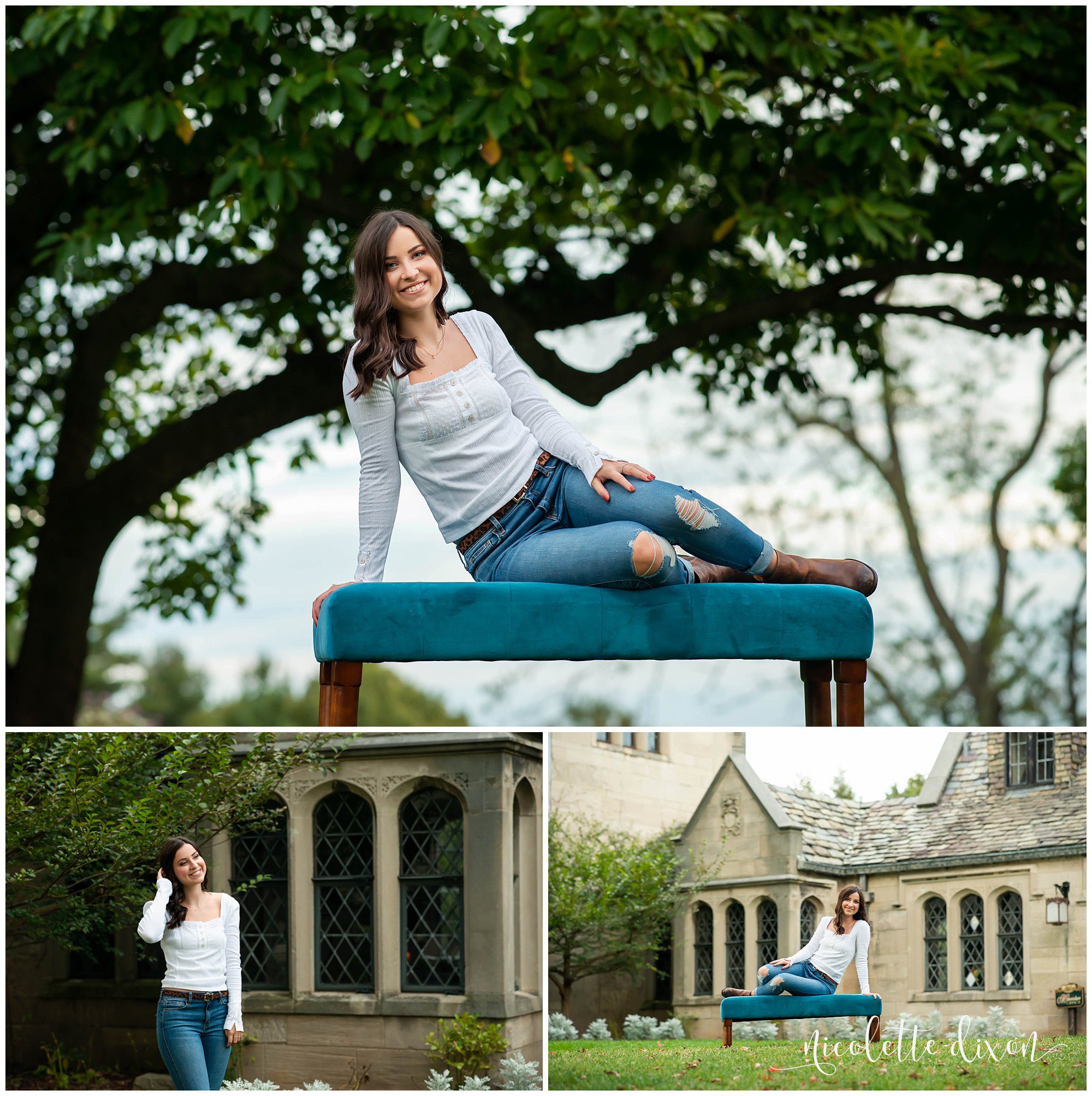 High School Senior Girl Sitting on Blue Bench in Hartwood Acres Mansion near Pittsburgh