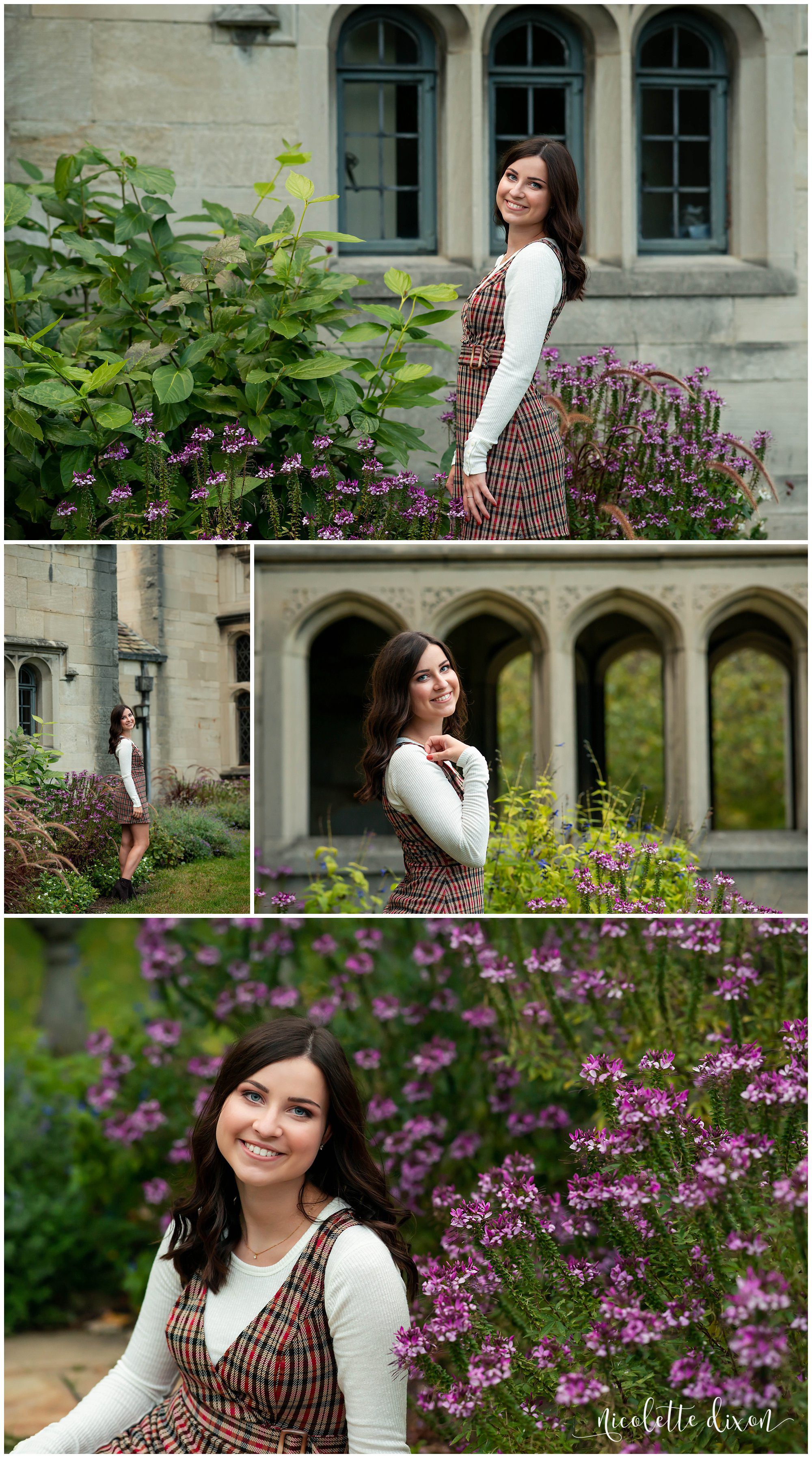 High School Senior Girl Standing in Front of Purple Flowers in Hartwood Acres Mansion near Pittsburgh