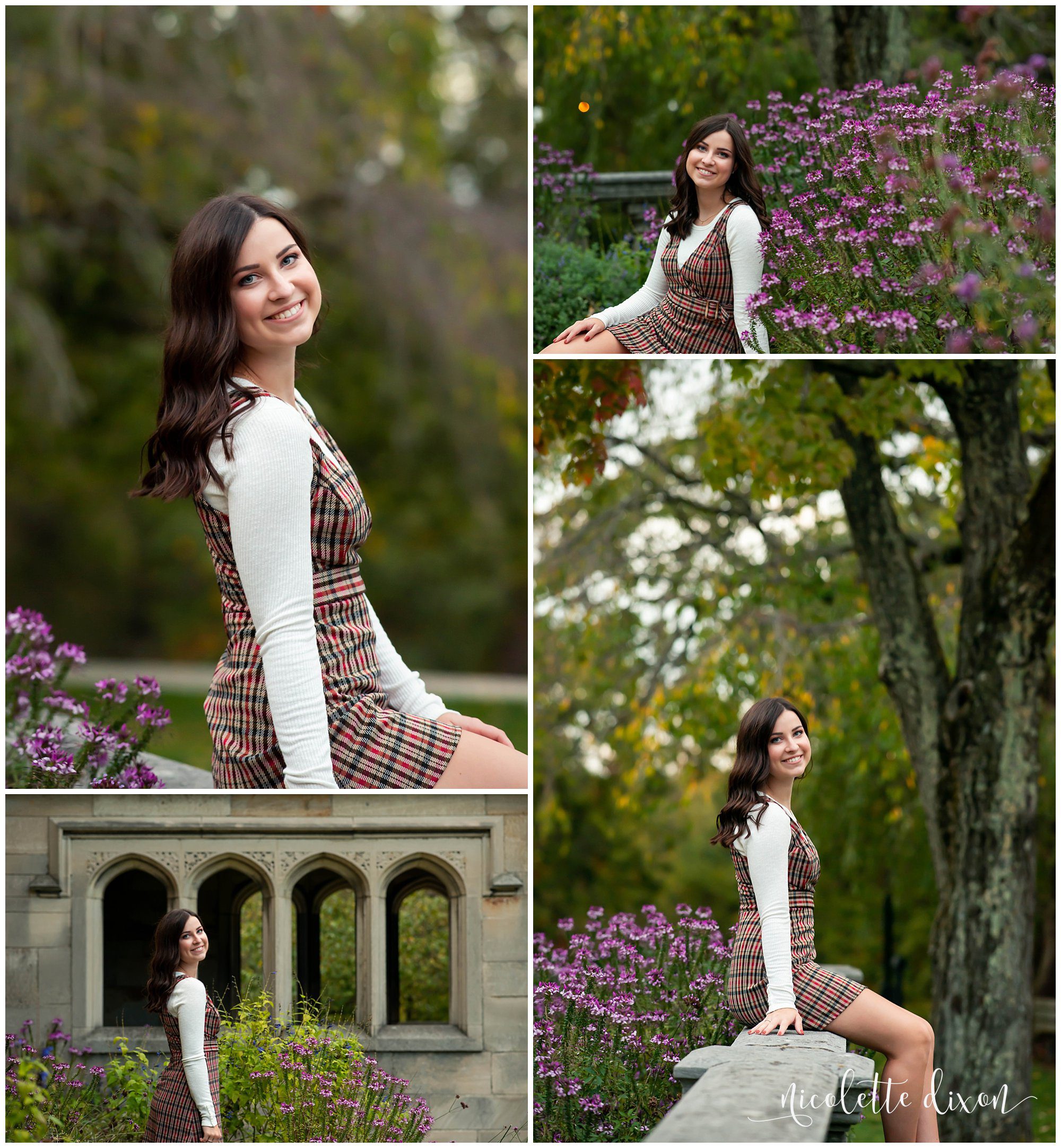 High School Senior Girl Sitting Next to Purple Flowers in Hartwood Acres Mansion near Pittsburgh