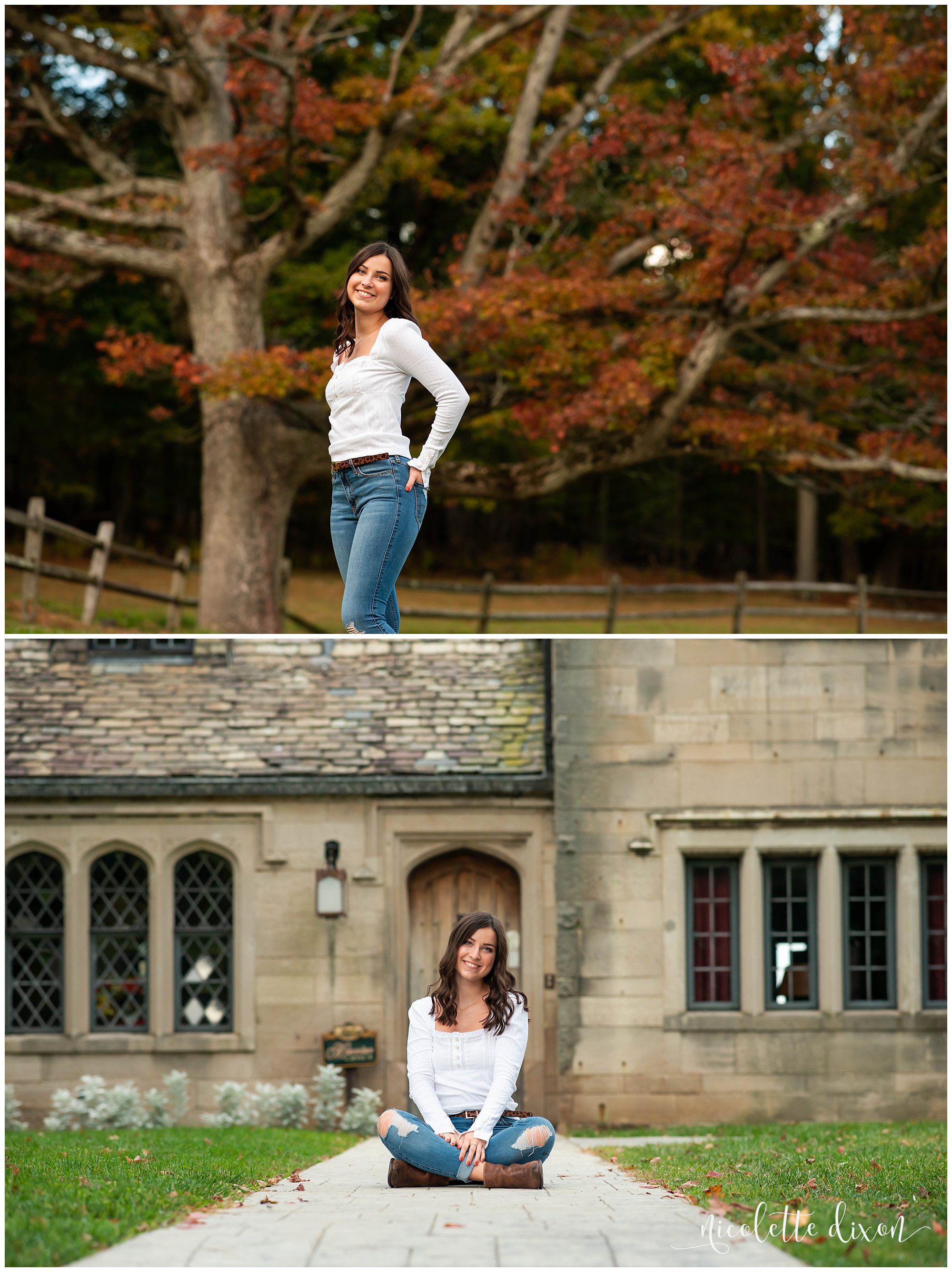 High school senior girl sitting in front of Hartwood Acres Mansion near Pittsburgh