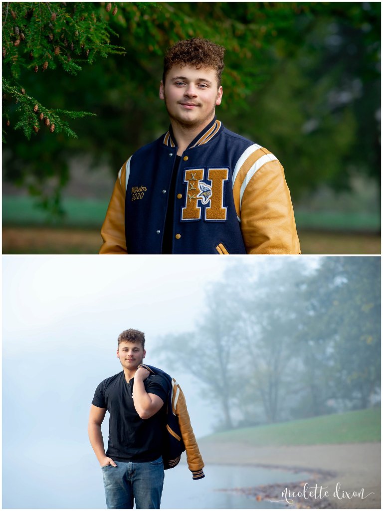 High School Senior Boy Holding Jacket Over His Shoulder in the Fog in Brady's Run Park near Pittsburgh