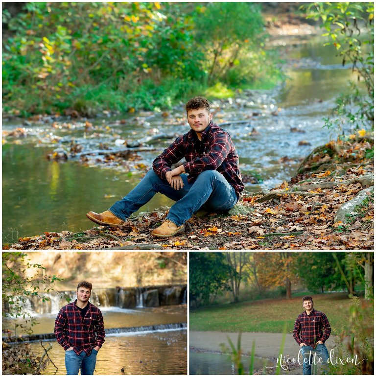 High School Senior Boy Sitting by a Creek at Brady's Run Park near Pittsburgh
