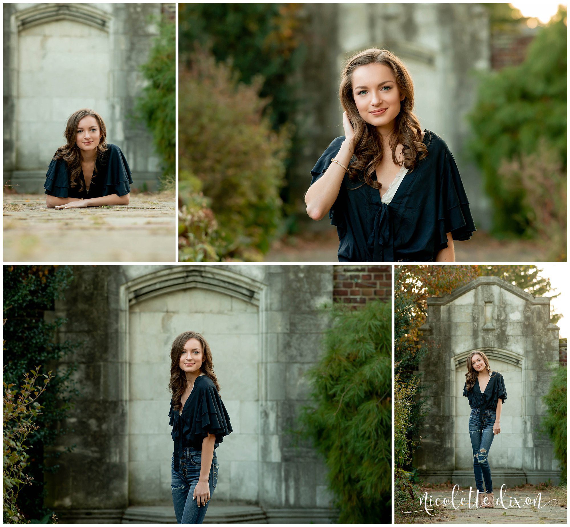 High School Senior Girl Standing on Path in Front of Stone Wall in Mellon Park near Pittsburgh