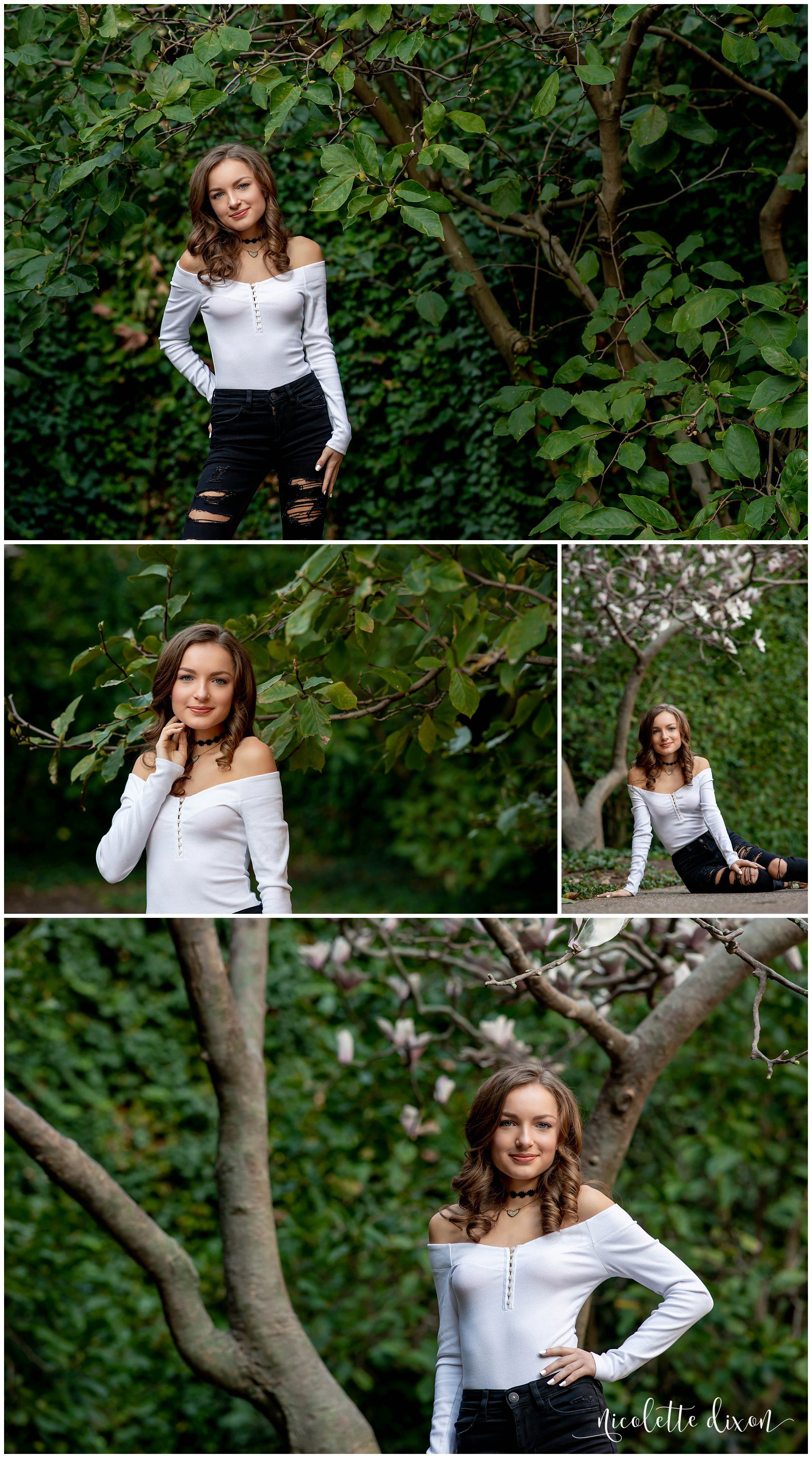 High School Senior Girl Standing Next to Magnolia Tree in Downtown Pittsburgh
