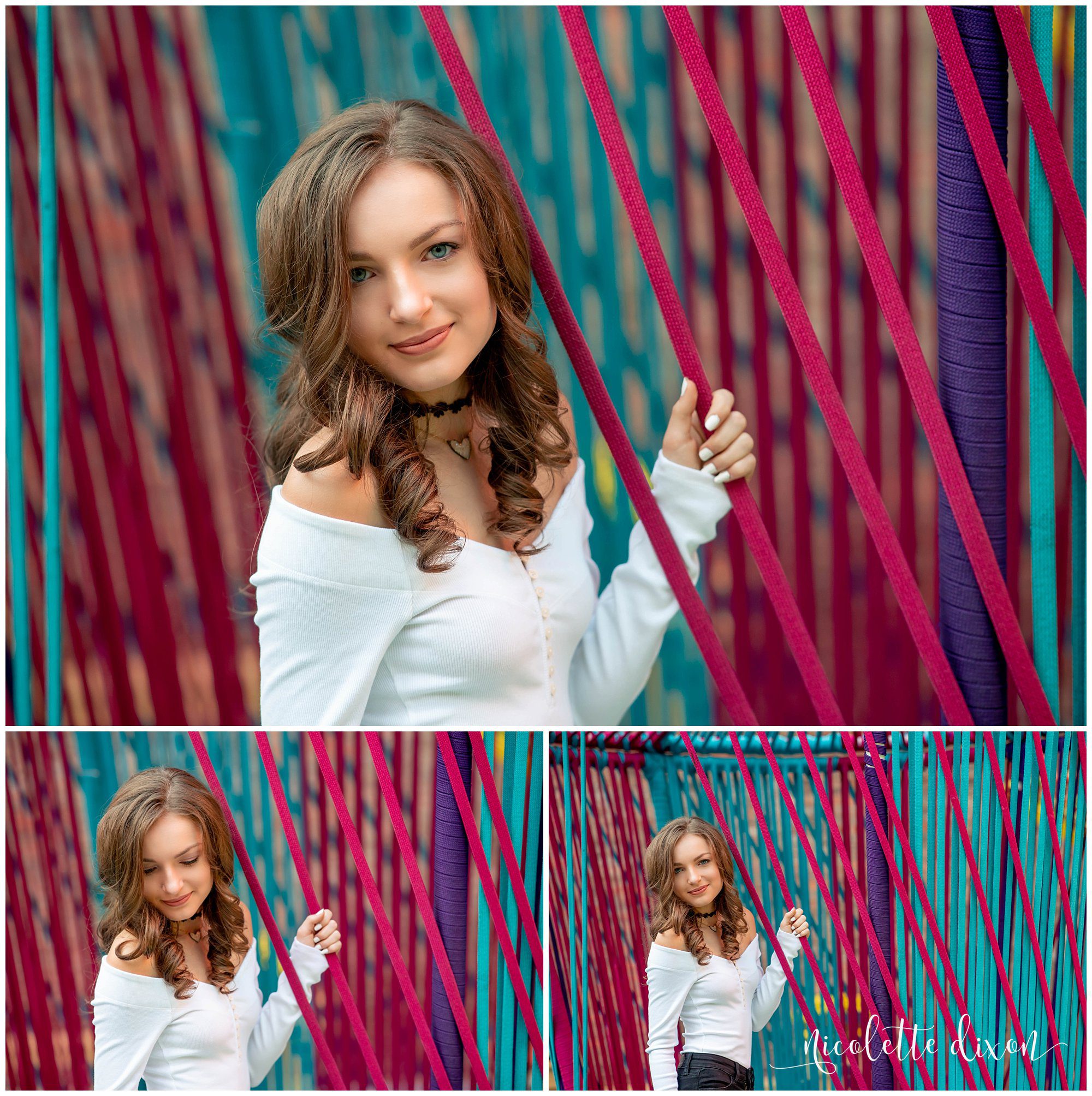 High School Senior Girl Standing in Colorful Rope in Downtown Pittsburgh