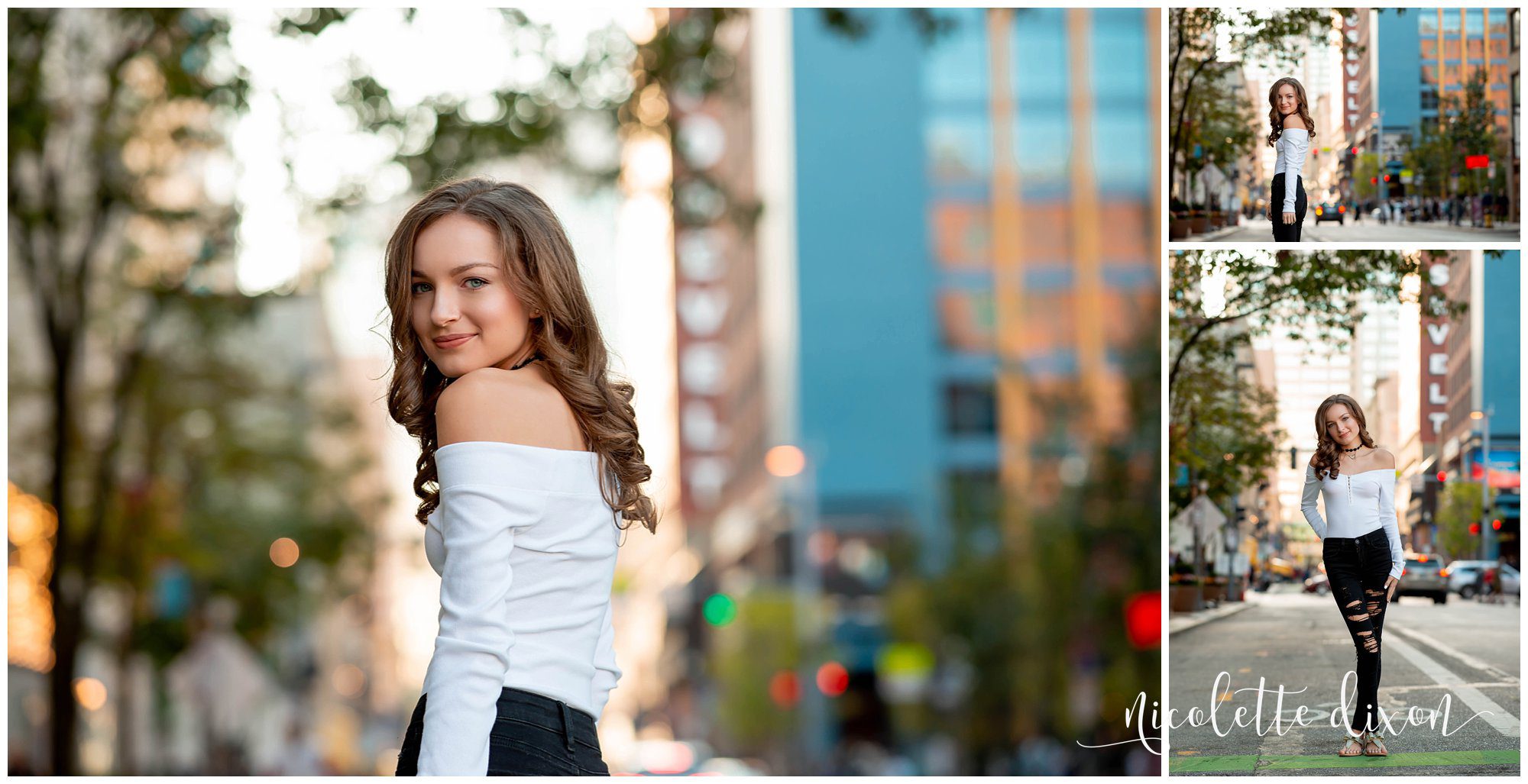 High School Senior Girl Standing on Road in Downtown Pittsburgh