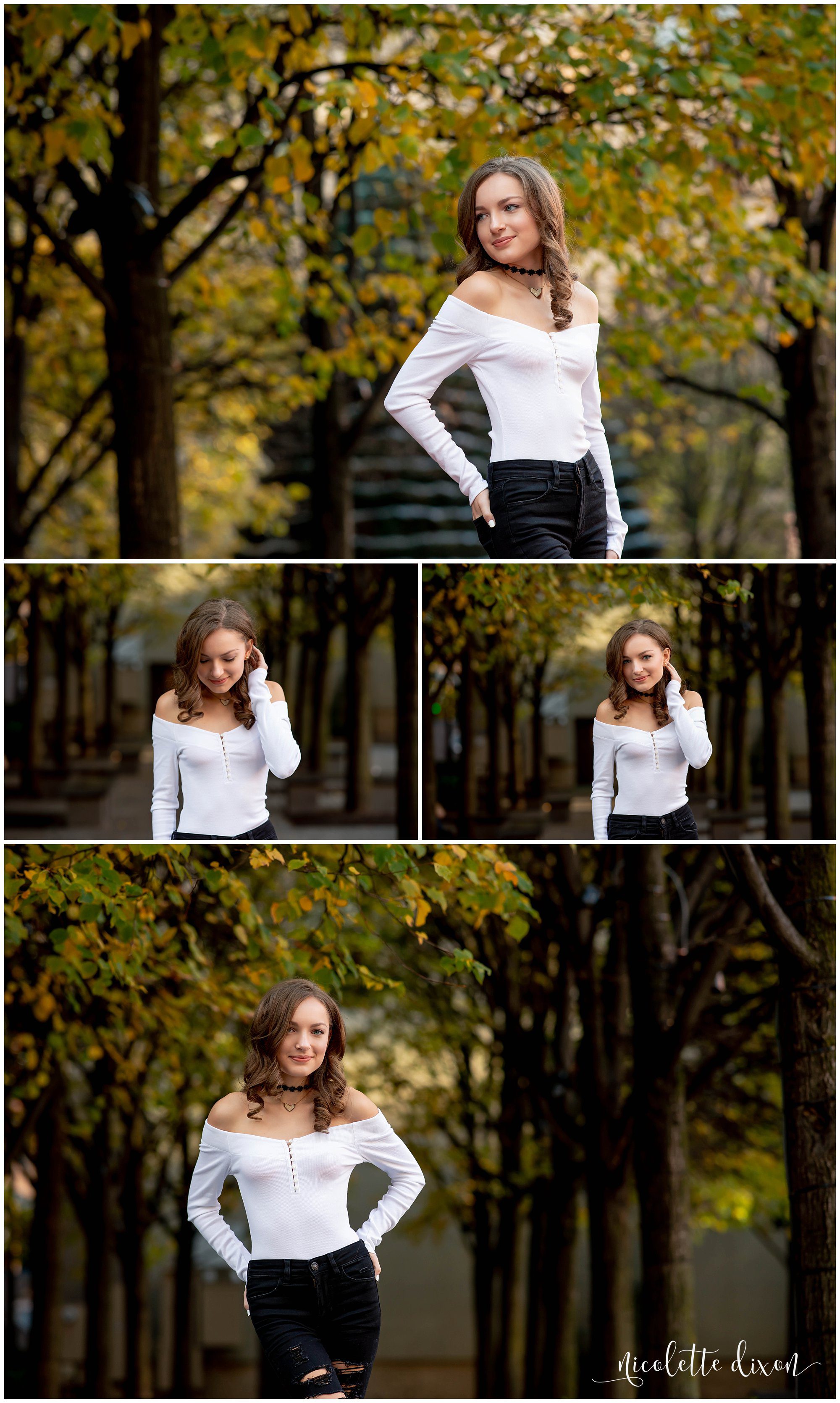 High School Senior Girl Standing in Front of Tree with Fall Foliage in Downtown Pittsburgh