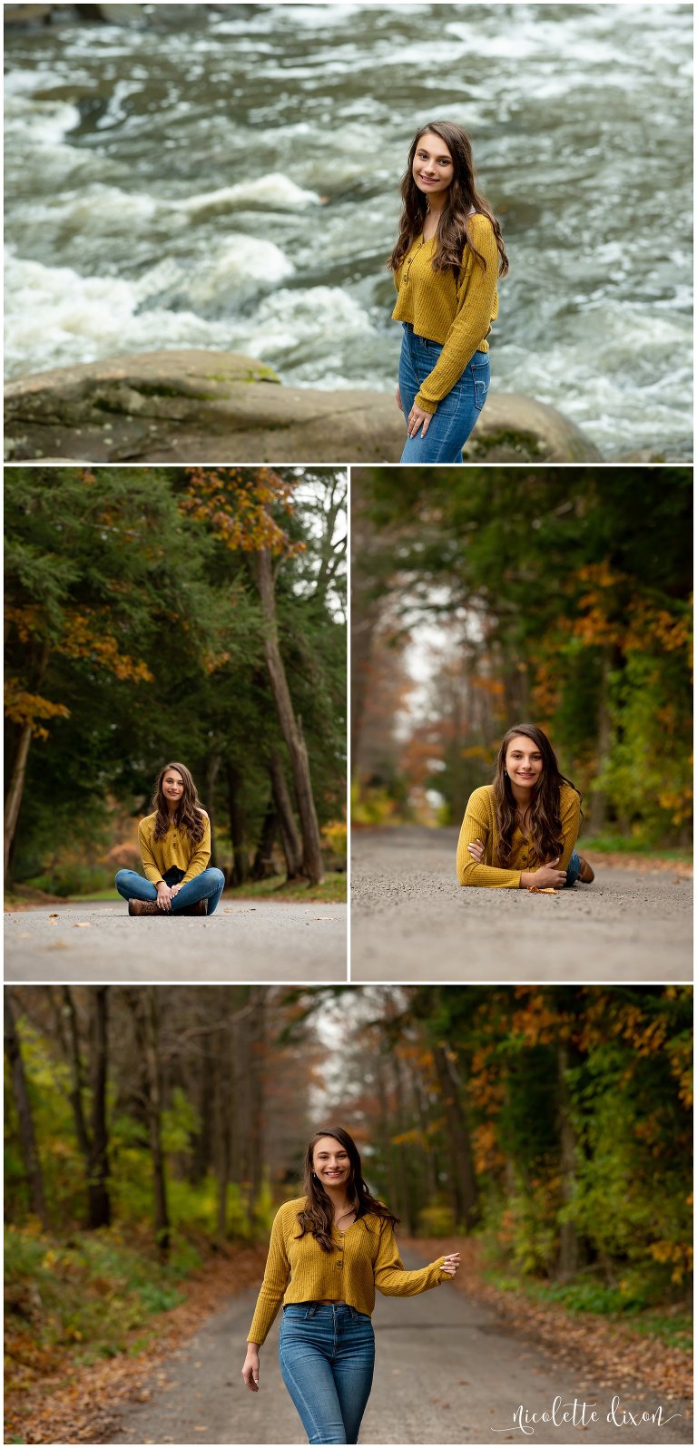 High School Senior Girl on Road with Fall Foliage in the Background in McConnells Mills near Pittsburgh PA
