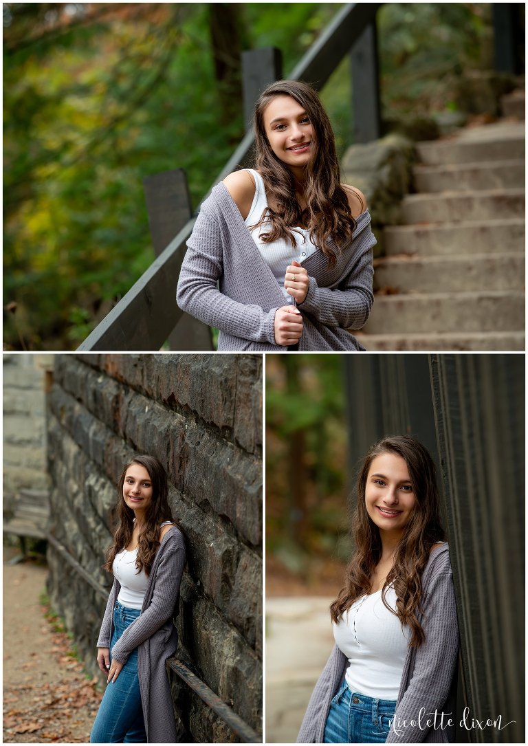 High School Senior Girl Standing on Steps in McConnells Mill near Pittsburgh PA