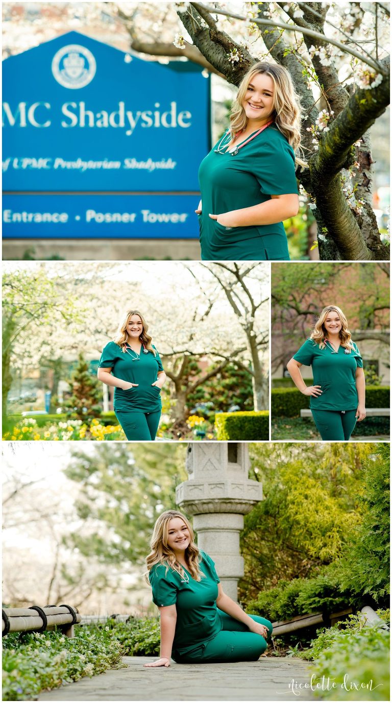 Nursing student standing in front of UMPC Shadyside in Pittsburgh, PA