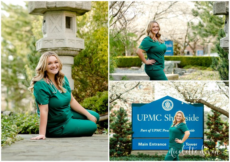 College senior girl standing in garden in front of UMPC Shadyside near Pittsburgh, PA