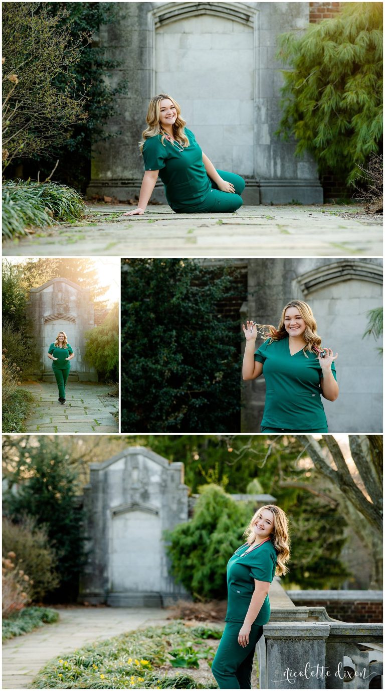 Senior girl wearing scrubs in Mellon Park near Pittsburgh, PA