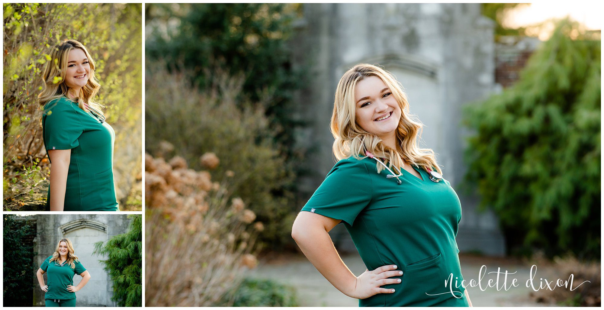 Senior girl standing with hands on hips wearing scrubs in Mellon Park near Pittsburgh, PA