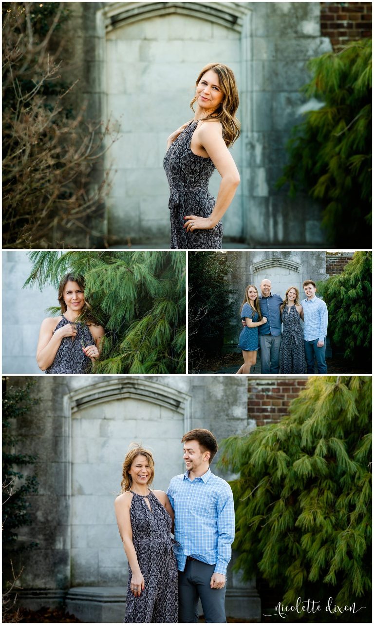 Family standing in front of walled garden at Mellon Park near Pittsburgh PA