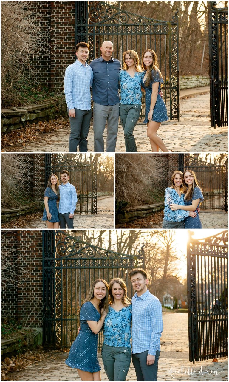 Family standing in front of gate at Mellon Park near Pittsburgh PA